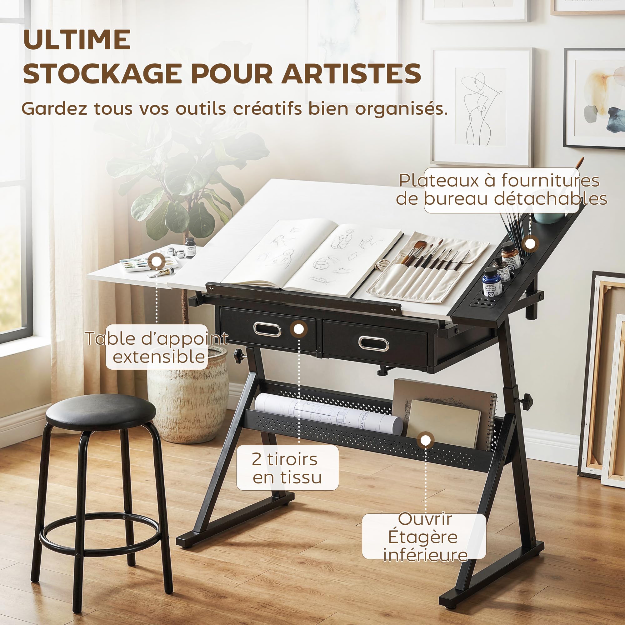 HOMCOM Table à Dessin avec Tabouret, 2 Tiroirs, Hauteur Réglable, Blanc