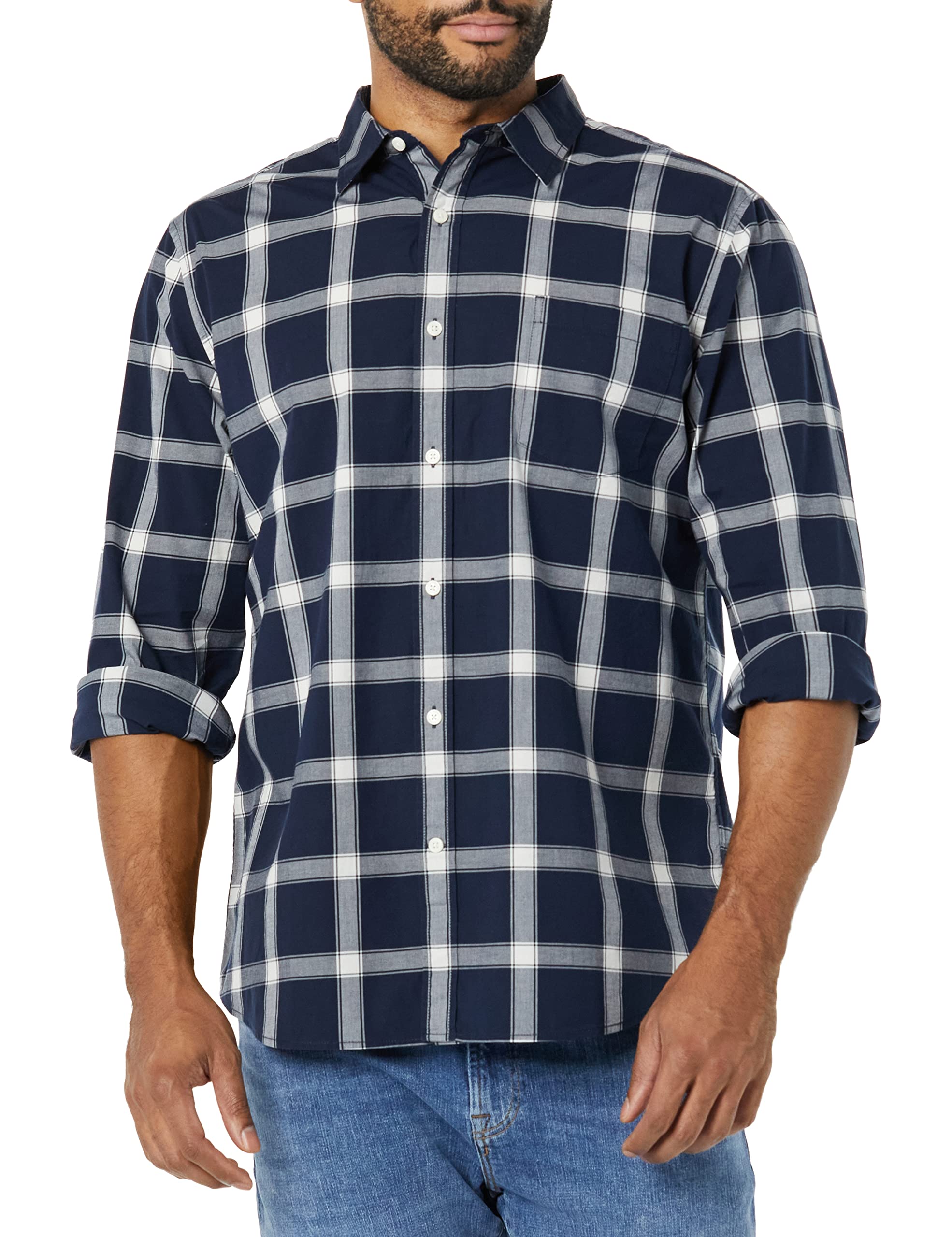 Amazon Essentials Camicia in Popeline Elasticizzato A Manica Lunga dalla vestibilità Aderente Uomo, Blu Marino Bianco Buffalo Plaid, M