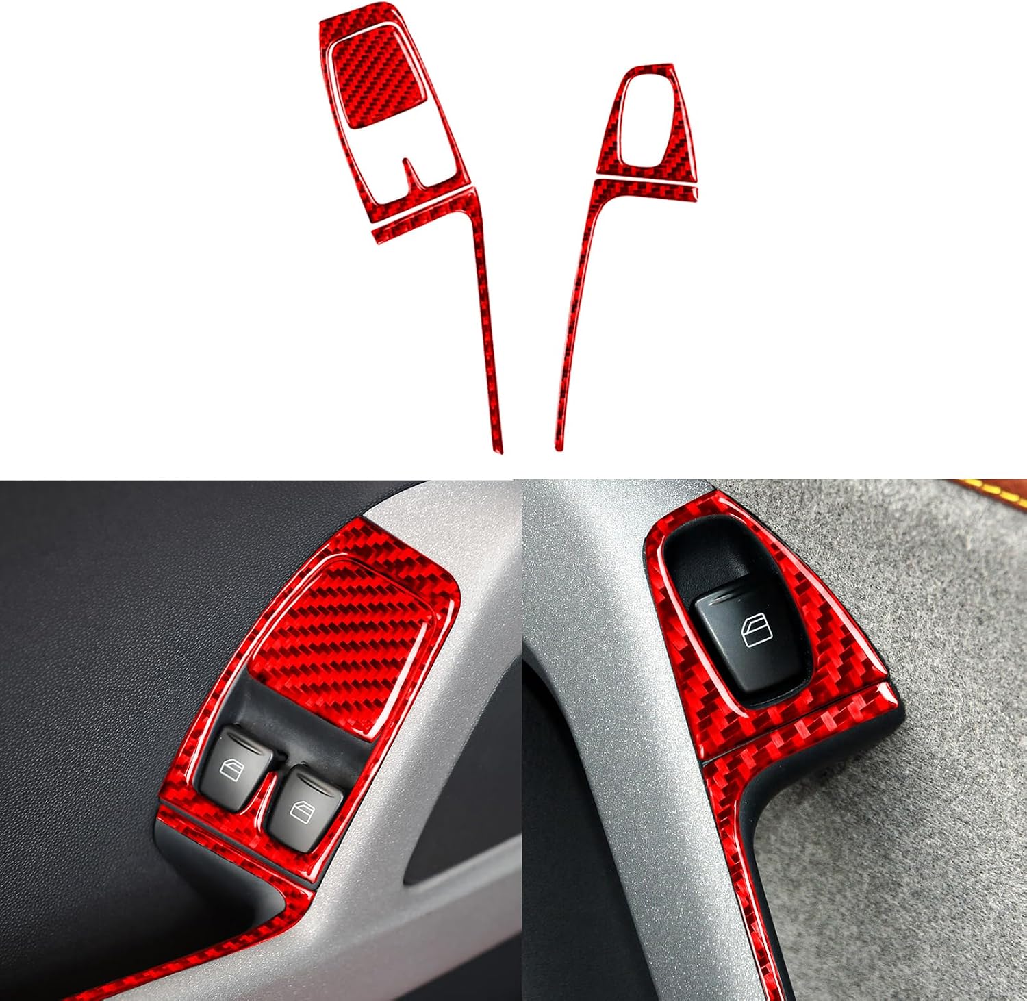 Car Power Window Lift Switch Control Panel Button Cover Sticker Real 3K Red Carbon Fiber Decoration Interior Accessories Trim Compatible with Benz Smart Fortwo 2011 2012 2013 2014 2015-Type B