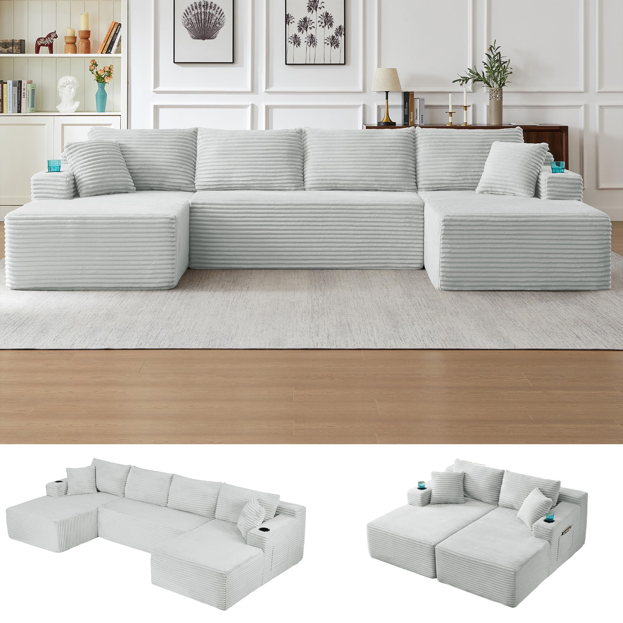Oversized Cloud Boneless Couch with Chaise, Modern Modular Sofa with Deep Seat, Corduroy Upholstered U Shaped Couch for Living Room, No Assembly Required (Light Grey)