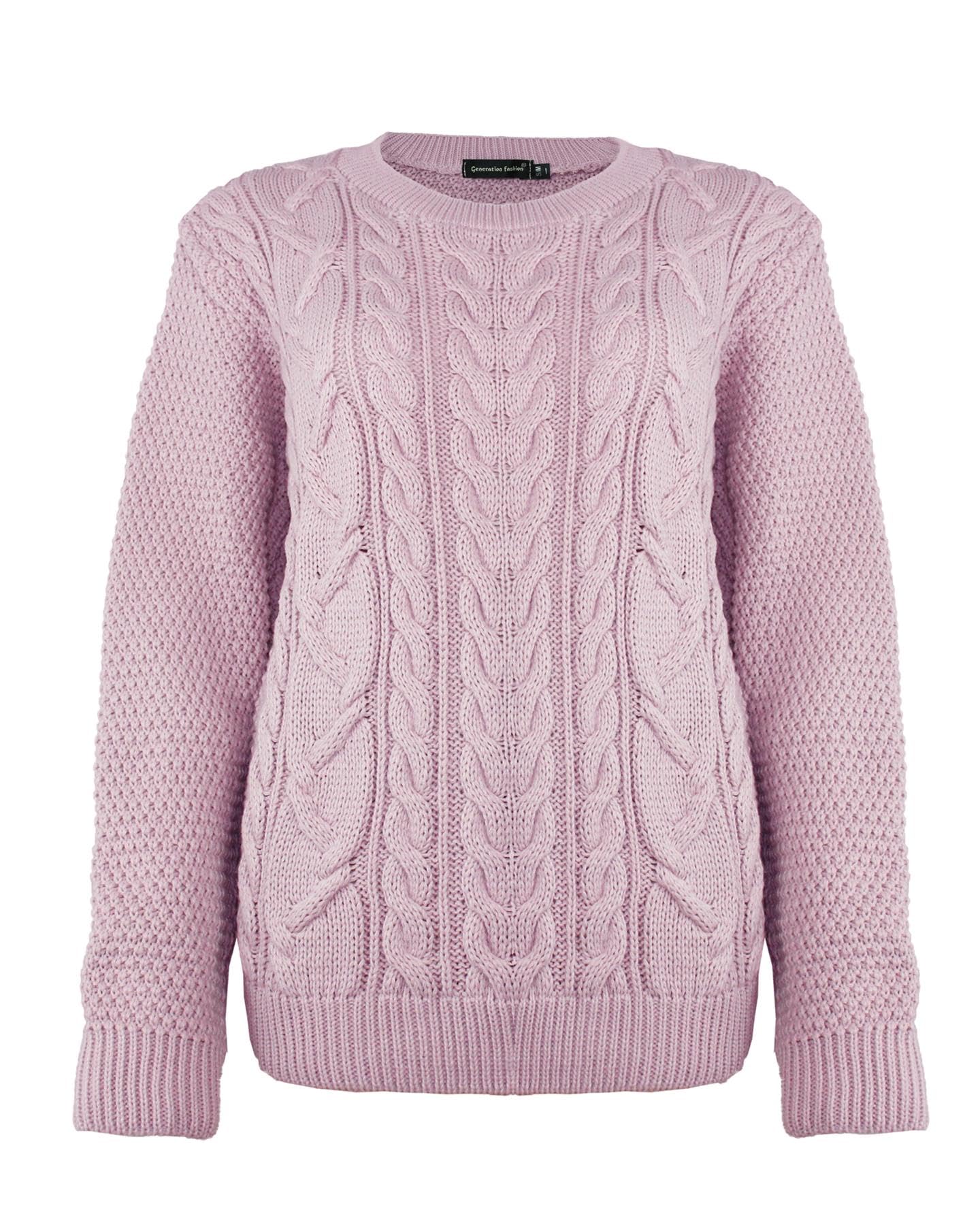 Generation Fashion New Women Ladies Knitted Long Sleeve Chunky Cable Knit Sweater Knitwear Jumper Top Pullover Crew Neck [Pink,SM]