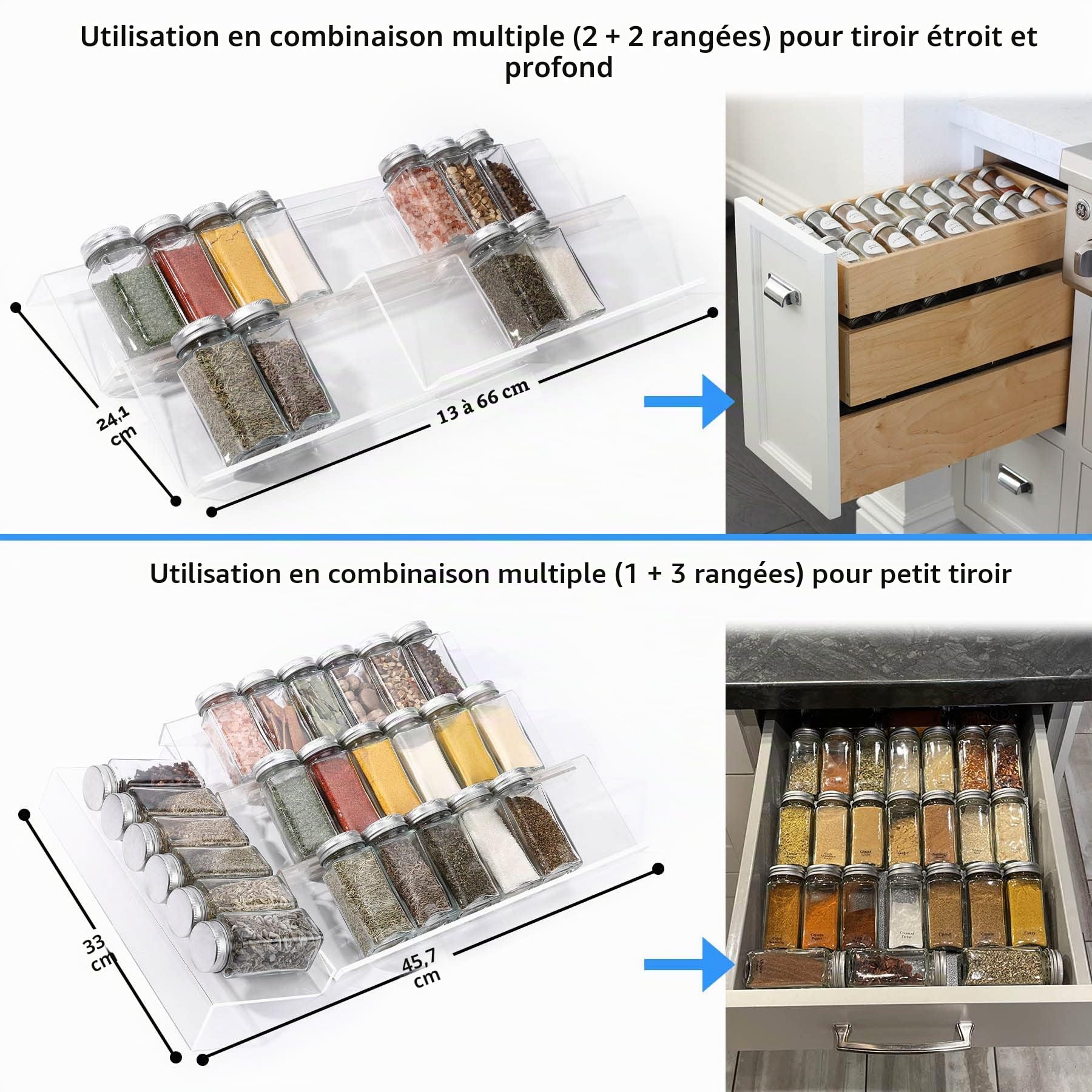 MIUKAA Ensemble de 2 x 4 présentoirs, 33 cm à 66 cm, en acrylique transparent pour flacons d'épices, pour tiroir, plan de travail (flacons non inclus)