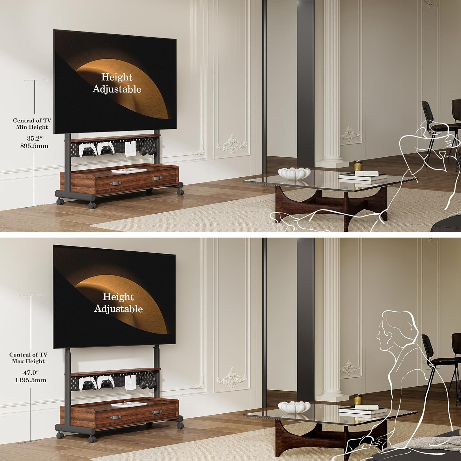 FITUEYES Rolling TV Stand with Drawers for 70 to 100 Large TV Screens，Mobile TV Floor Stand on Wheels with Ample Storage Pegboard & Wooden Shelf, Rolling TV Cart Hold up to 176 lbs, Max VESA 850 x 600