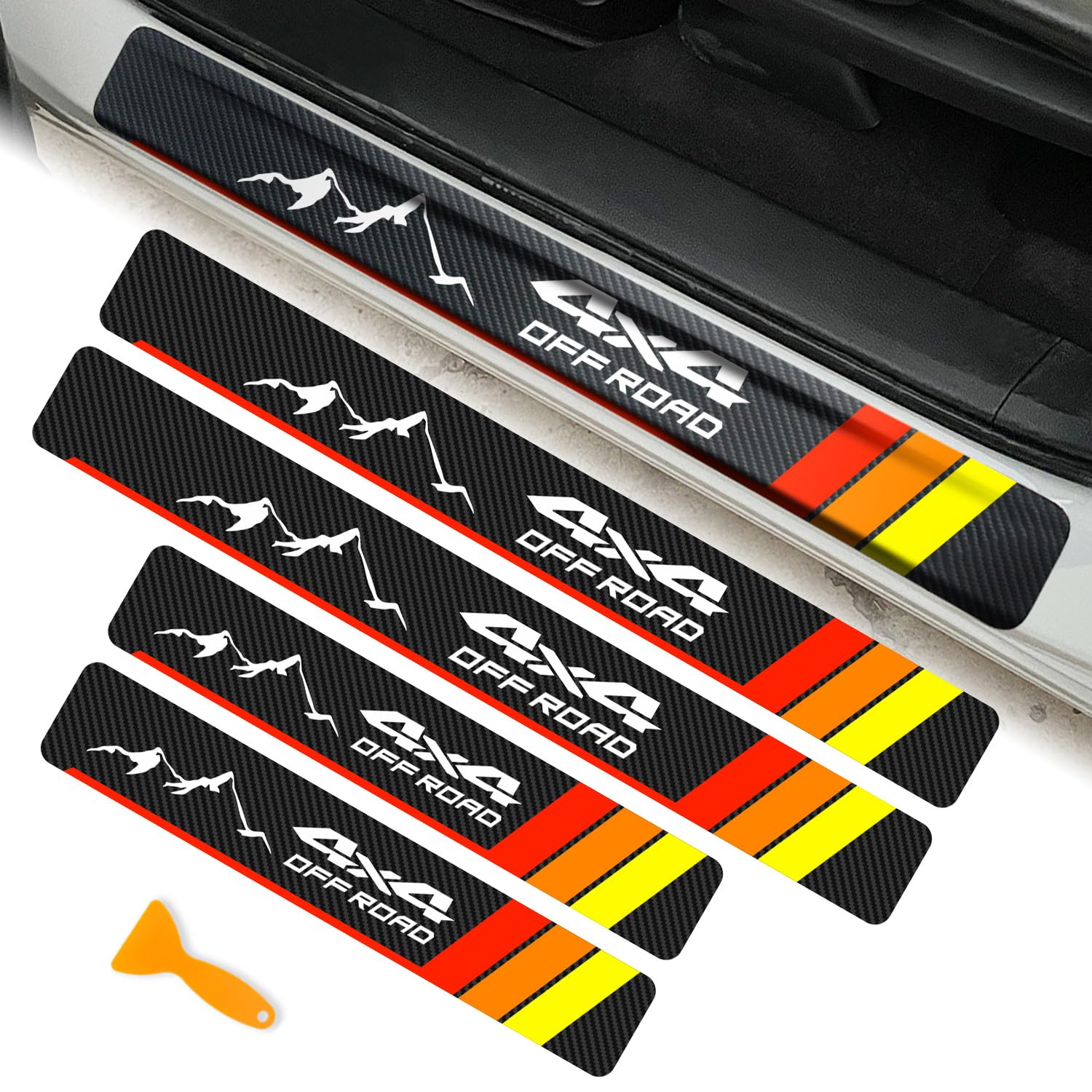4x4 Offroad Door Sill Protector for Toyota Tacoma TRD 4Runner Tundra Rav4 Highlander, Carbon Fibre Tricolor 3color Door Sill Protector Stickers Decals (Red/Orange/Yellow)