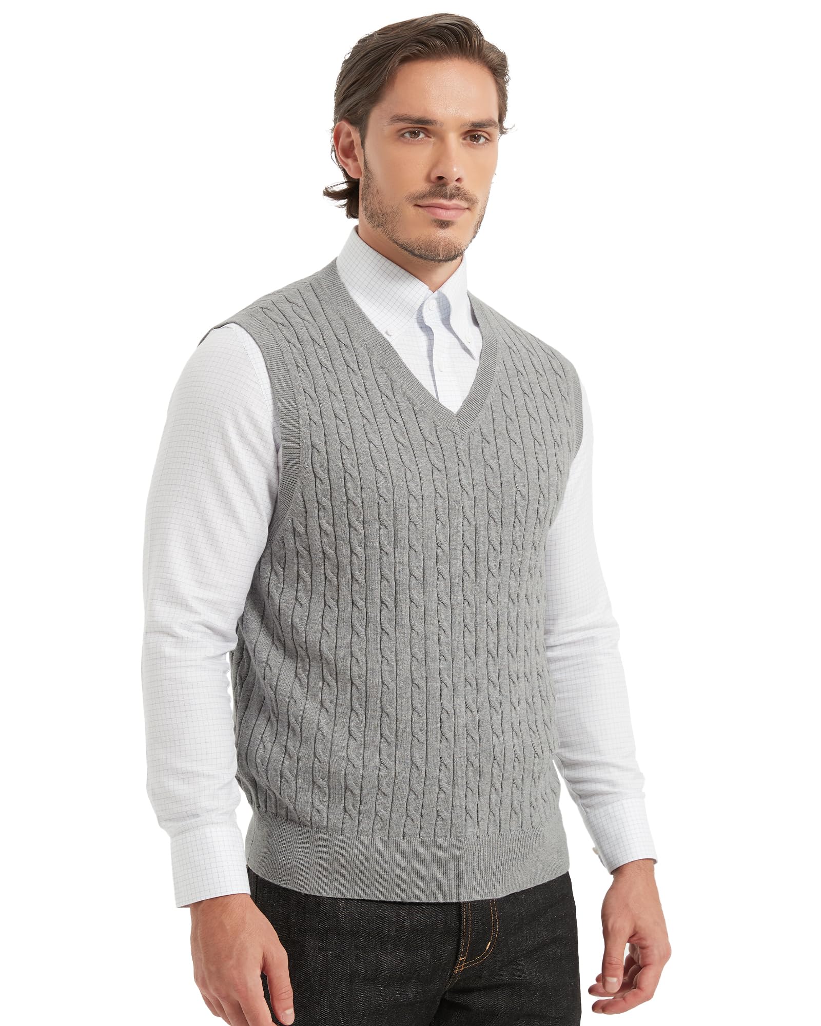 Kallspin Gilet en coton pour homme avec col en V et tricot torsadé sans manches