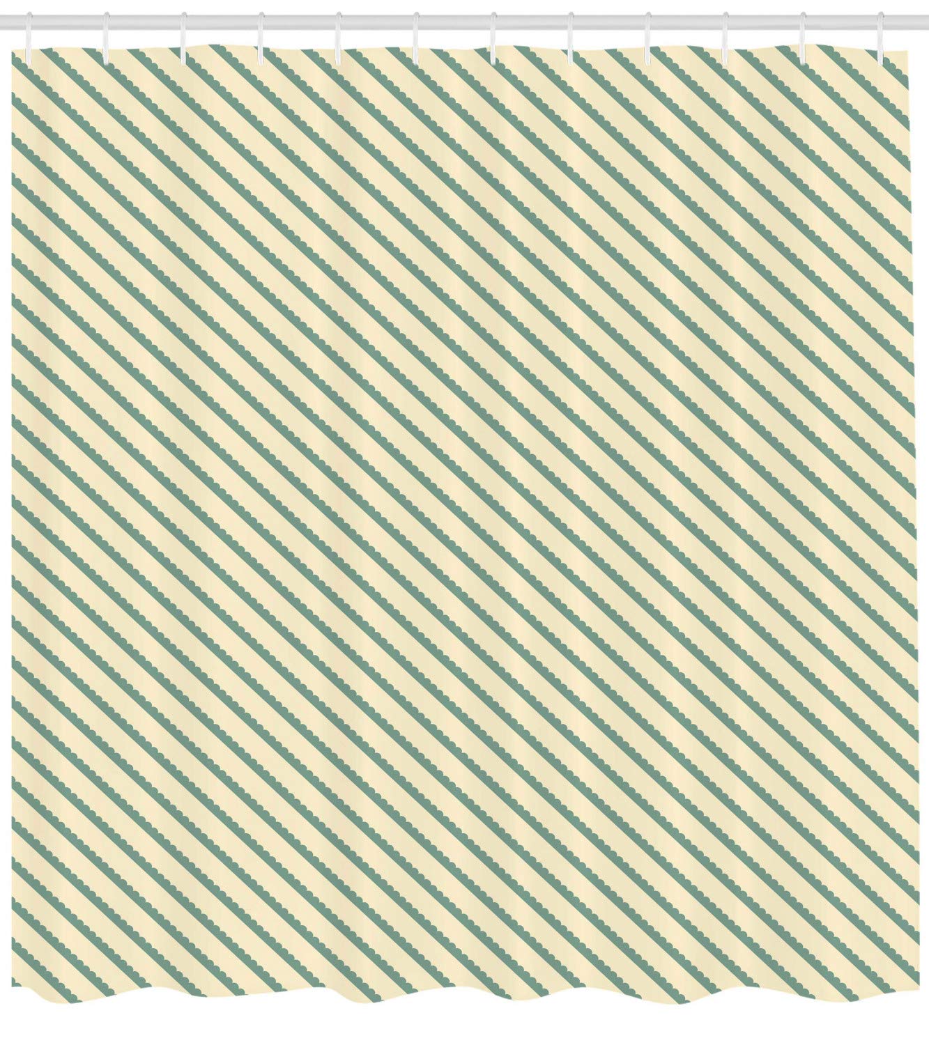 ABAKUHAUS Zasłona prysznicowa w stylu retro, bias zielone paski, zestaw dekoracji łazienki, z nawiasami, 175 x 200 cm, jade green and cream