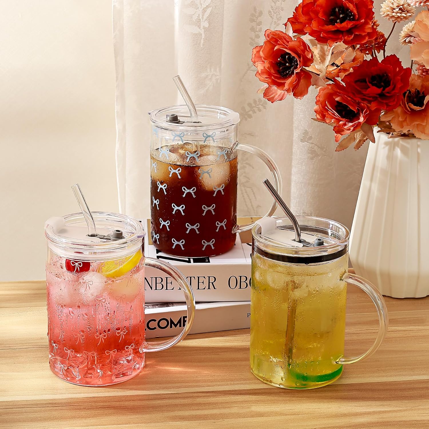 Koythin Glass Cups with Lids and Straws, Iced Coffee Cups with Lid for Tea Latte Juice Soda, High Volume Tumbler with Handle for Mom Women, Minimalist Glasses Water Bottles (Transparent Non-scaled) - Image 4