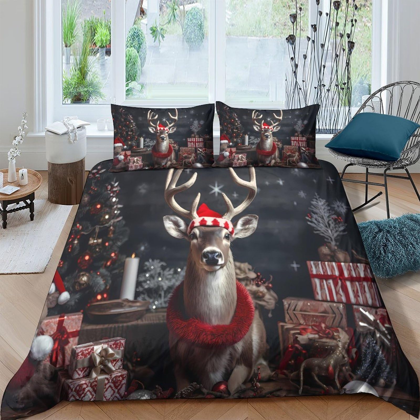 Ctjqhvkz Style-4 3D Printed Christmas Reindeer Fitted Sheet Microfiber Soft Festive Gift Bed Cover For Bedroom Dorm Decor Single（135X200cm）