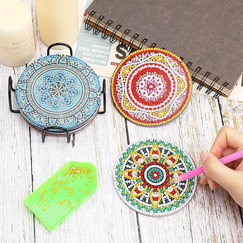 Miniatura 7 de UPINS 8 posavasos de pintura de diamante con mandala para bebidas, kits de arte de diamantes para adultos, niños, principiantes, suministros de arte