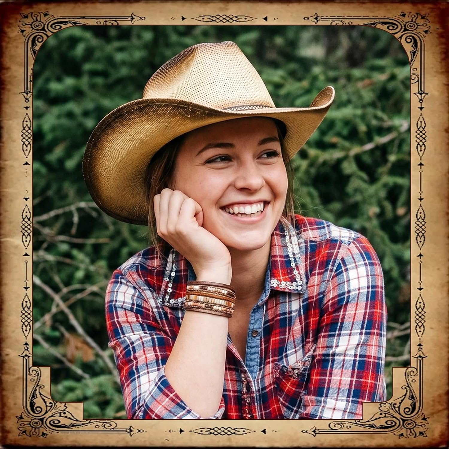 Straw Cowboy Hat for Men and Women, Wide Brim Western Straw Hat with Shapeable Brim, Unisex Cattleman Crease Cowboy Hat with Bracelet