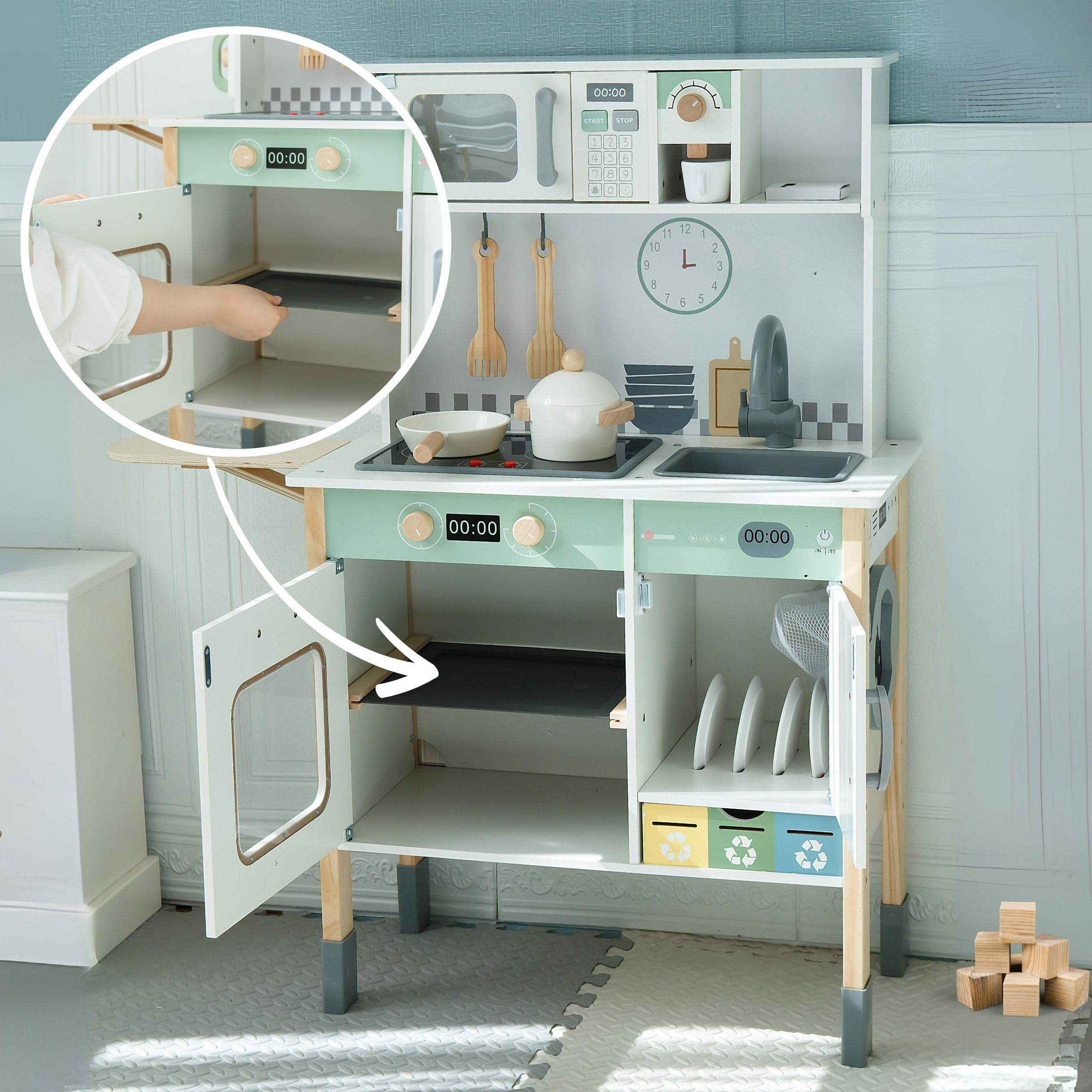 Mamabrum Cuisine en Bois Montessori Interactive – Plaque sonore & Lumineuse, Micro-Ondes, Lave-Vaisselle, Lave-Linge, Tableau Noir, Accessoires – Hauteur réglable dès 3 Ans