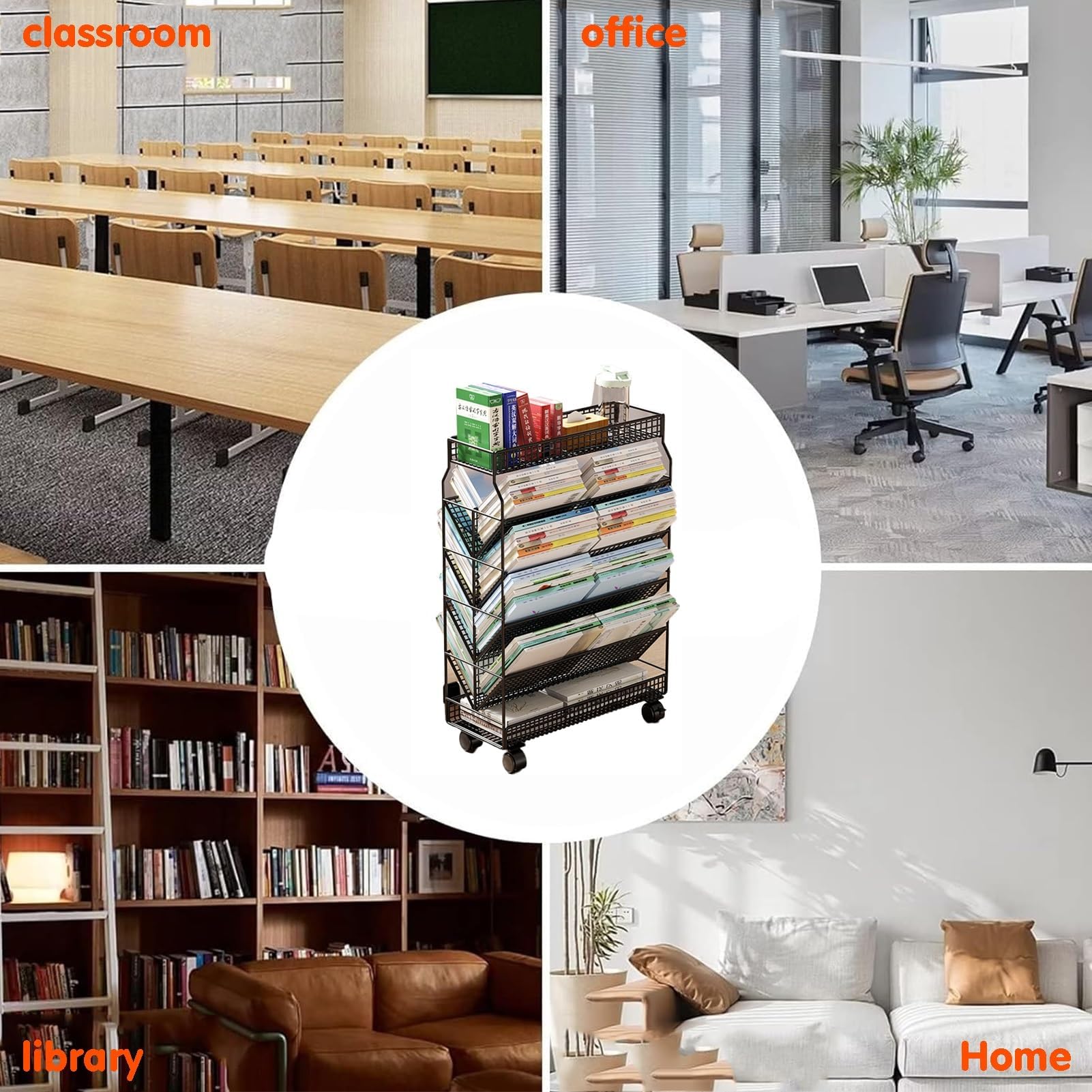 Carro para Archivos con Ruedas de 6 Niveles, estantería móvil, Carro utilitario con Ruedas de Metal, Resistente para Oficina, Dormitorio, Aula, Biblioteca, Sala de Estar, Negro