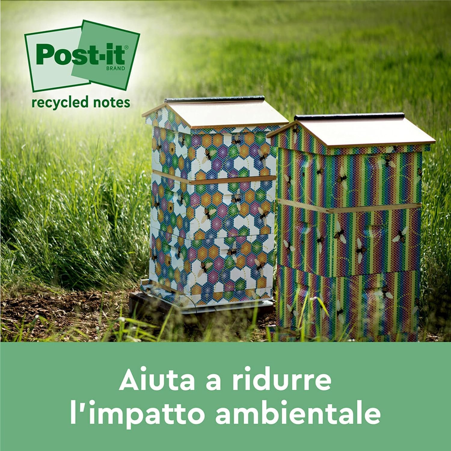 Post-it Foglietti Super Sticky Riciclati, Confezione da 12 Blocchetti, 70 Fogli per Blocchetto, 47.6 mm x 47.6 mm, Rosa, Verde, Blu, Viola, Giallo - Foglietti Super Adesivi in carta riciclata al 100%