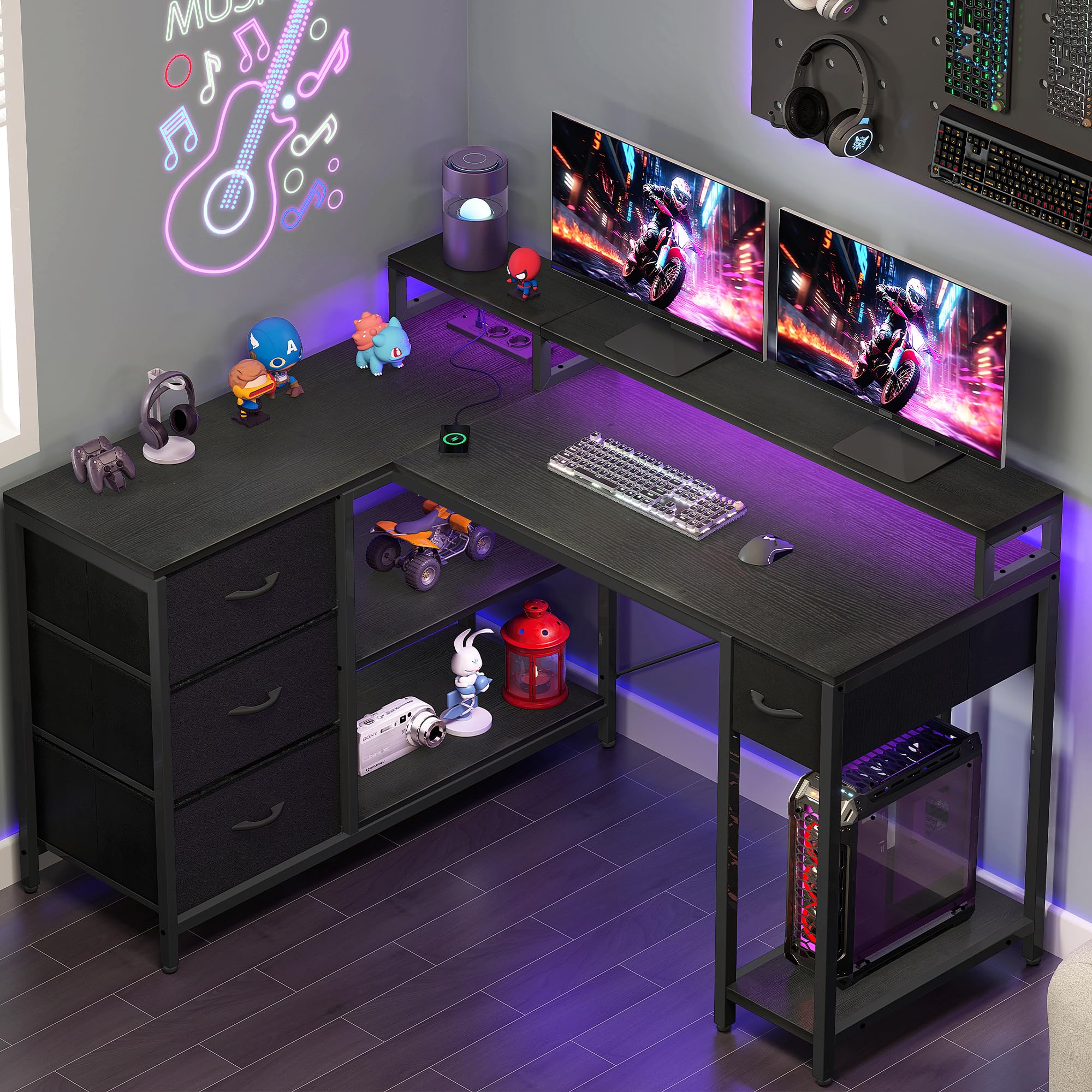 YITAHOME L Form Bureau avec Prise USB 4 Tiroirs Réversible 140x100cm Noir