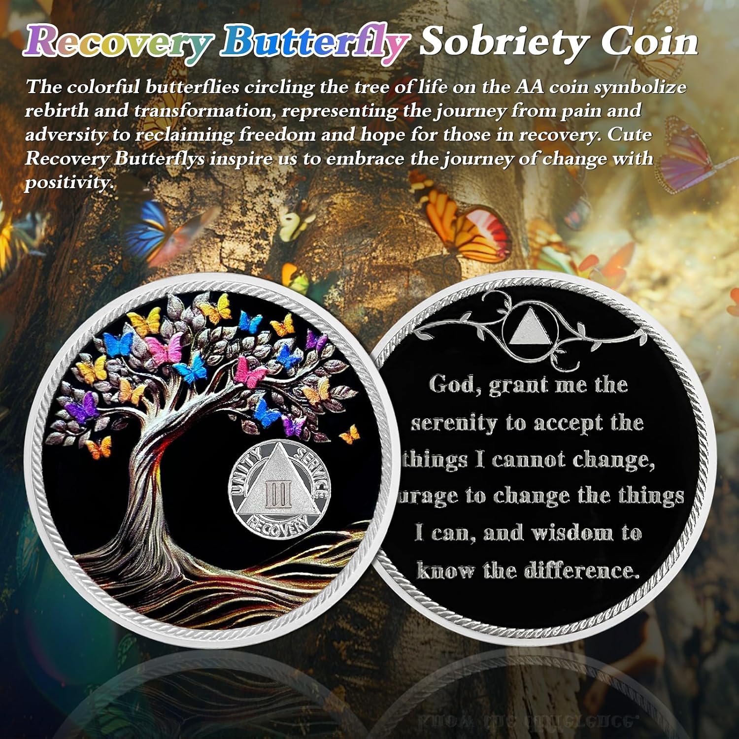 Delicate 3 Year Sobriety Coin - Recovery Butterfly Tree of Life AA Coins - Three Year NA HA AA Chips and Medallions - 1-62 Years Living Clean Narcotics Alcoholics Anonymous Gifts for Men Women
