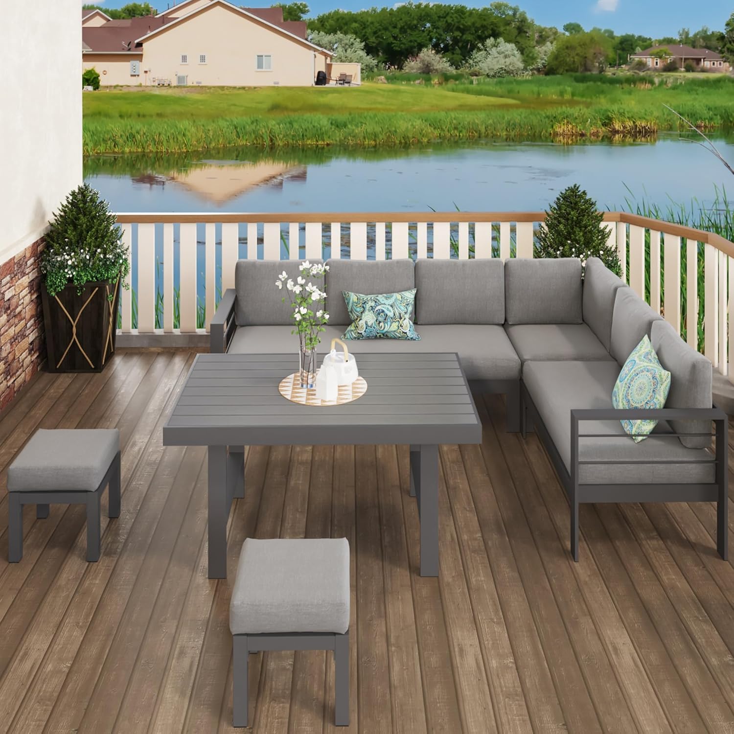 Solaste Aluminum Patio Furniture Set with Fire Pit Table, 6 Piece Sectional Metal Outdoor Set with Ottoman, Modern Patio Conversation Set Water-Resistant Cushion for Balcony, Grey : Patio, Lawn  Garden