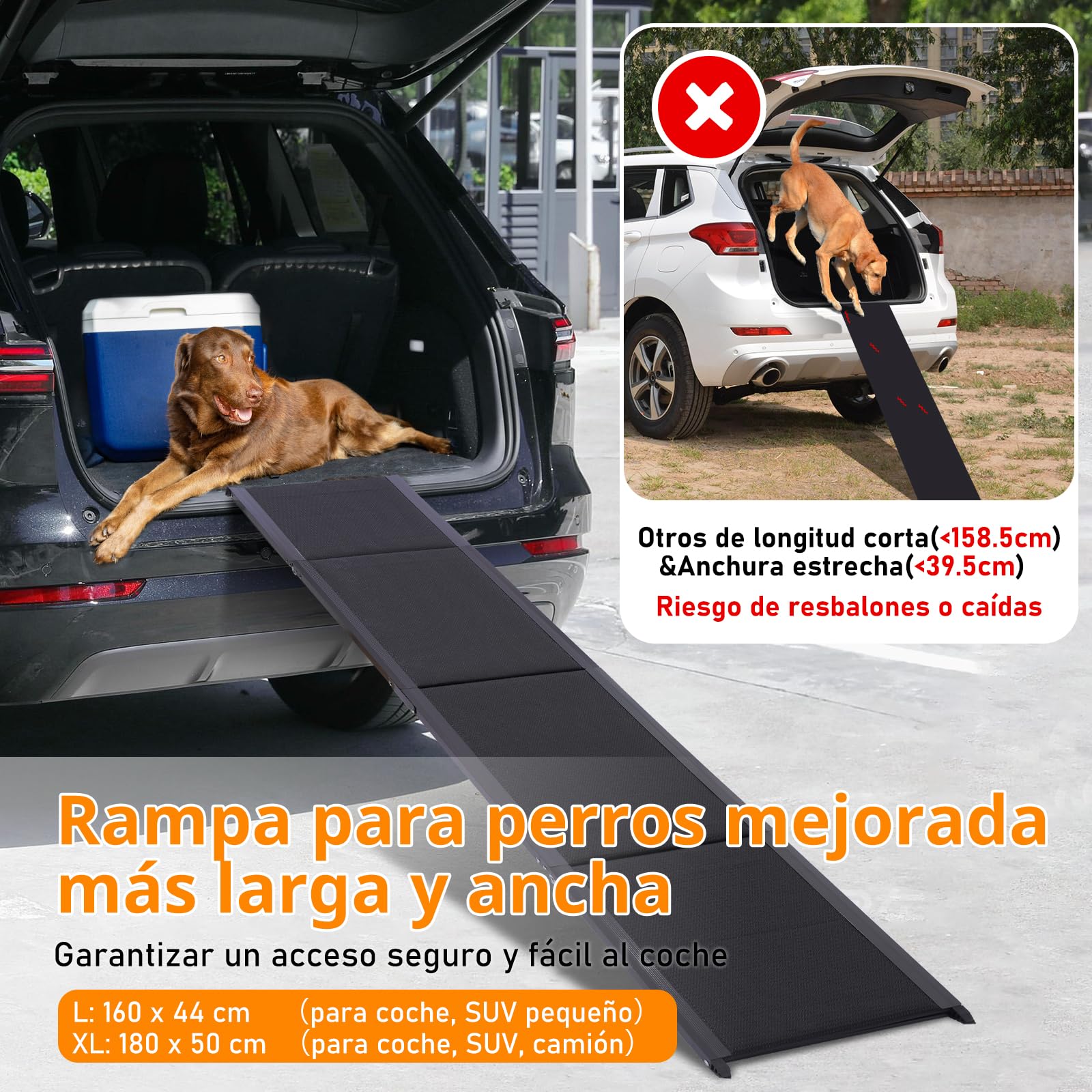 Rampa para Perros Coche, 180×50cm, Soporta hasta 70 kg, Superficie Antideslizante de Alta Tracción, Estructura Ligera de Aluminio, SUV y Mascotas Grandes