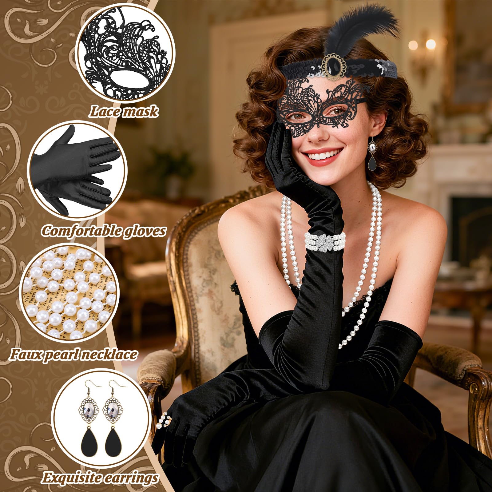 Jokureao 1920s Flapper Accessories Set for Women Roaring 20s Accessories with Headband, Pearl Necklace, Earrings, Gloves - Image 3
