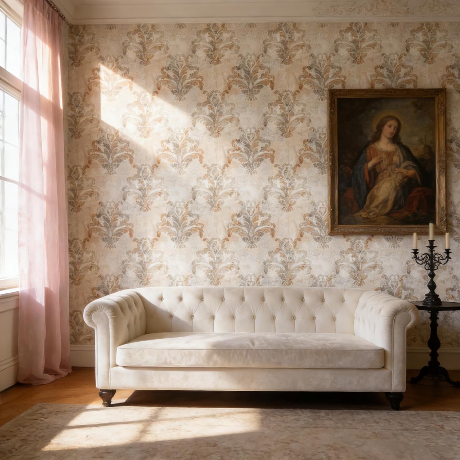 Vintage Brown Gold Damask Peel and Stick Wallpaper - Classic Self-Adhesive Floral Wall paper 17.7 in x 118 in Removable Contact Paper for Bedroom Living Room Badroom Kitchen Renter Friendly Wallpaper