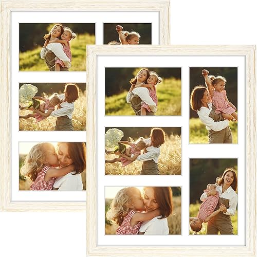 Golden State Art, Marco de madera blanca envejecida de 11 x 14 pulgadas con paspartú blanco, muestra cinco fotos de 4 x 6 pulgadas, vidrio templado,