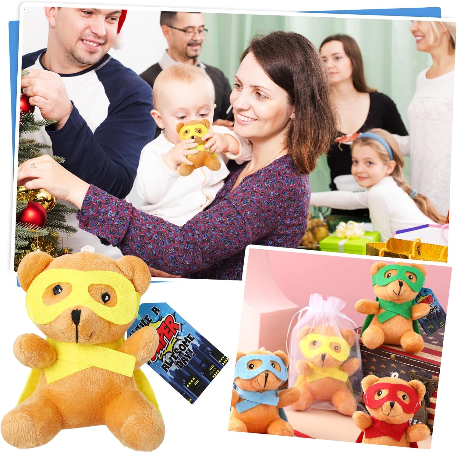 Silipull 18 Pcs Hero Party Favor Stuffed Animal Bears Small Bear Plush Toys 4" Plush Bears with Eye Mask Cape for Party Favor Gift Box Stuffers