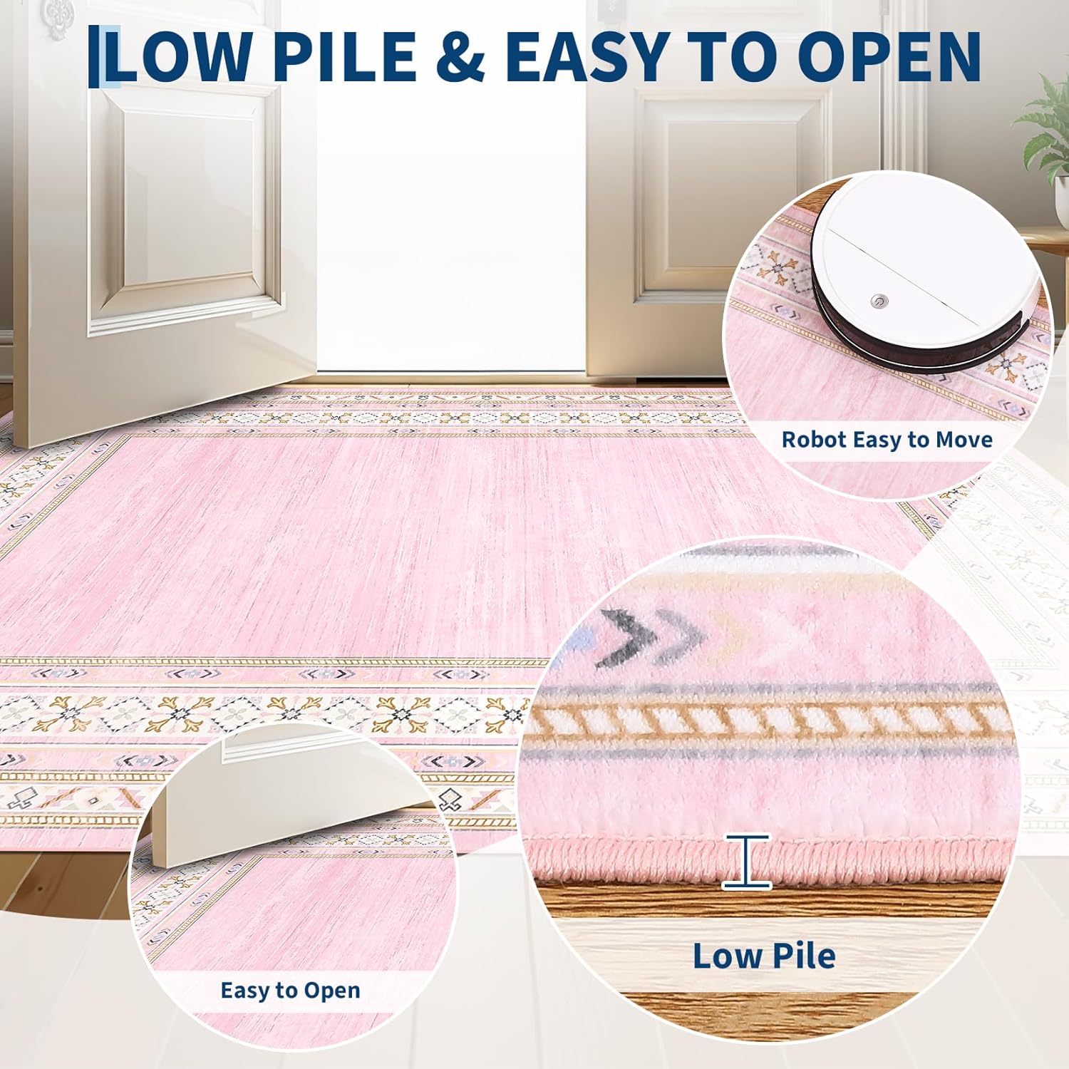 2x6 Kitchen Rugs Non Slip Washable, Modern Solid Runner Rug for Hallway, Non Shedding Low Pile Bordered Carpet Stain Resistant Foldable Soft Mats for Bathroom, Entryway, Bedroom, Pink