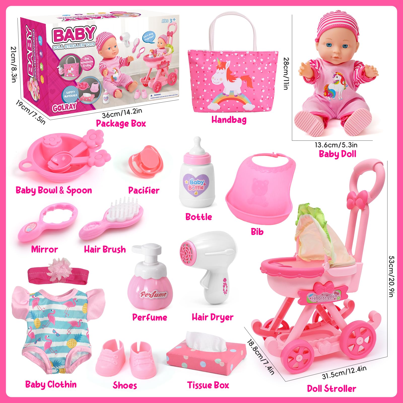 G.C Accessori Bambole Regalo Bambina, Accessori per Bambole con Passeggino di Bambola & Bambola & Borsa Unicorno & 2 Vestiti Bambole , Accessori Bambola Gioco di Ruolo Giocattoli Bambina 3 4 5 6 Anni