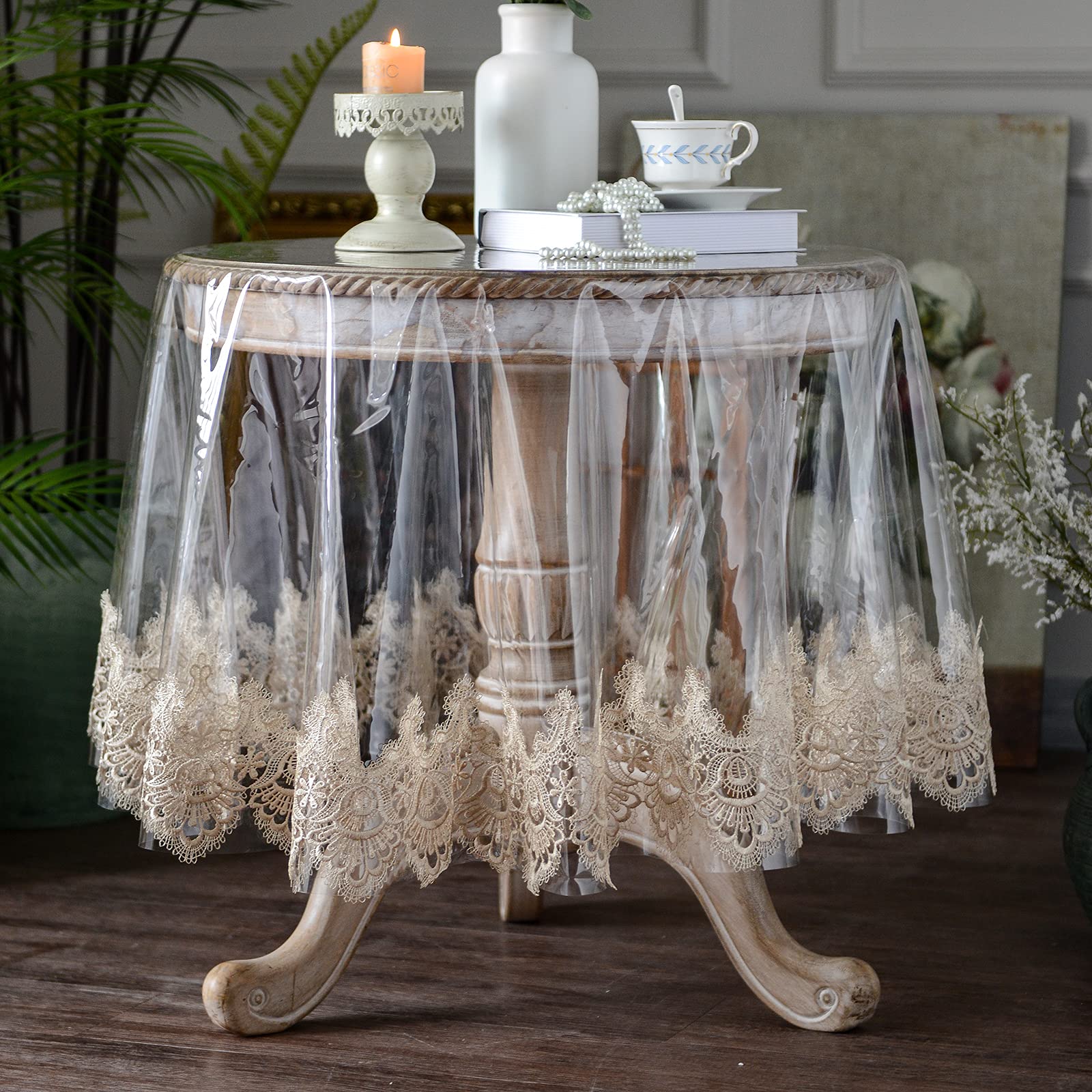 Plastic Table Top Tablecloth Cover For Round Glass Table JAIJY Vintage 60  Inch White Lace Tablecloth, image size:1600x1600
