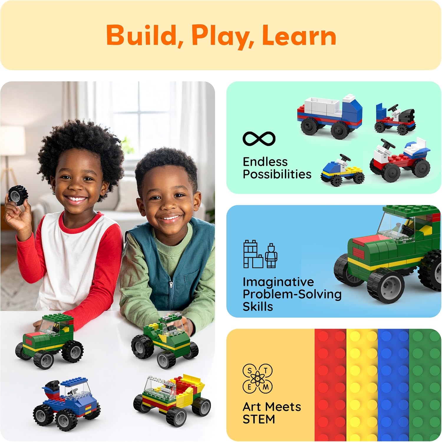 PicassoTiles Car Building Brick Blocks 320pc Construction Creative Build Set Educational STEM Early Learning Through Play Activity Interactive Hands On Stackable Block Toys for Kids Boy Girl 3+ PBS12