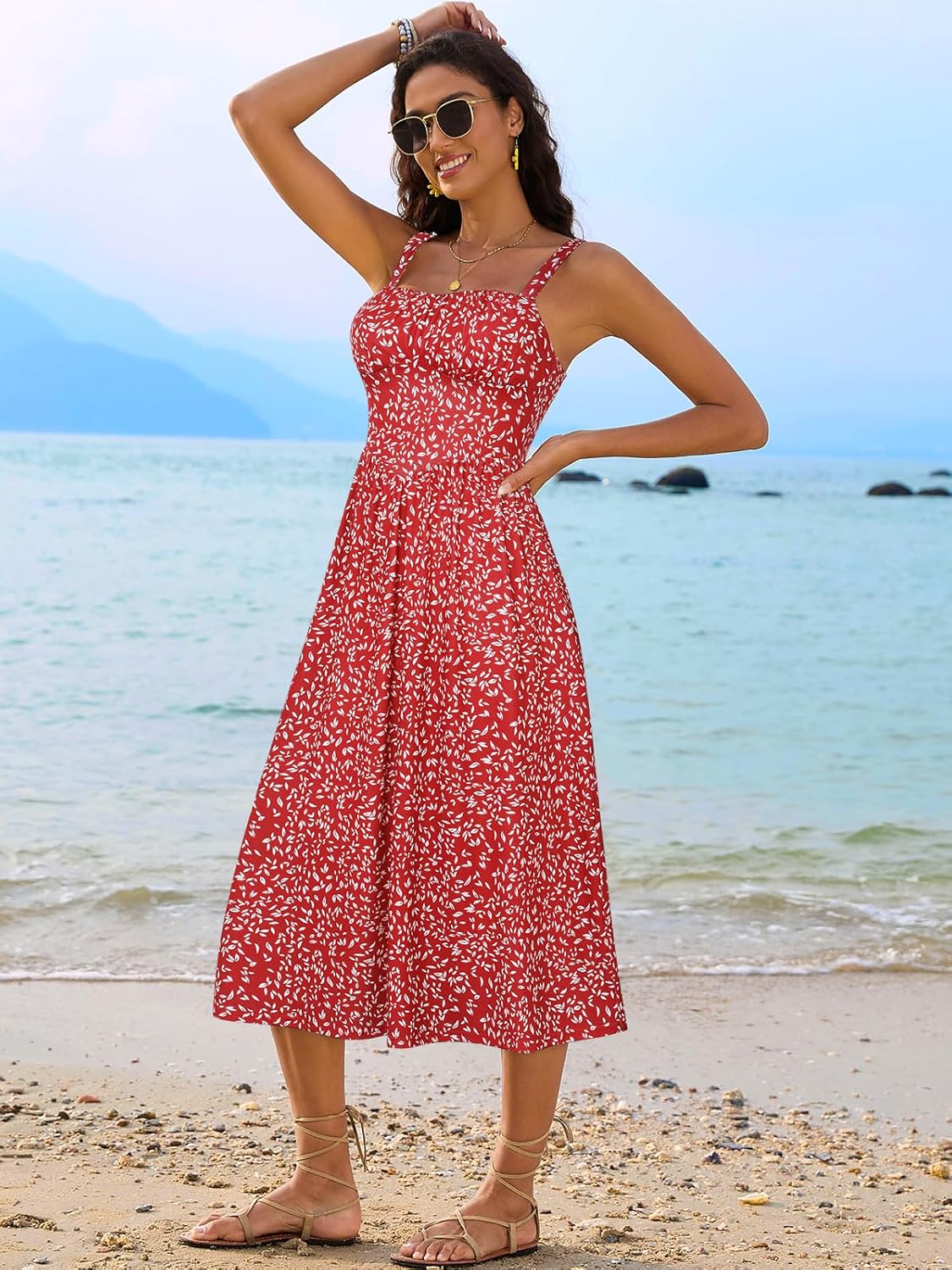 Sureple Long Dresses for Women 2026 Sleeveless Ruched Bust Swing Aline Fitted Spaghetti Strap Sundress with Pockets - Image 4