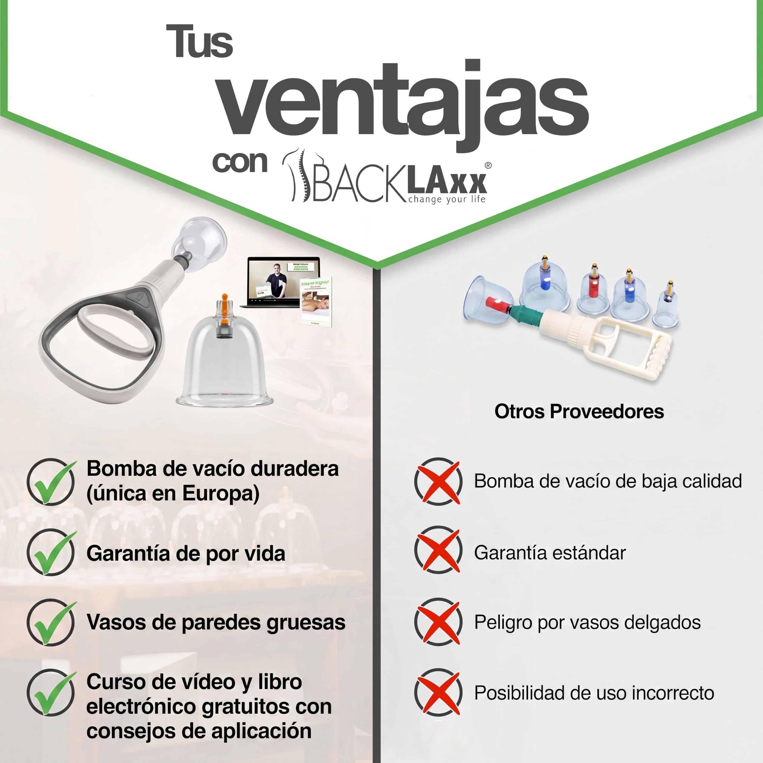 BACKLAXX® Ventosas Fisioterapia Set 12 Piezas con Bomba de Vacío, Cupping | Set ventosas masaje: 12 ventosas irrompibles, 6 imanes terapia, bomba, tubo & rascador fascias, videocurso & eBook