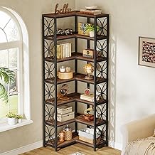 Tribesigns 200cm Corner Bookcase L-Shaped Wooden Corner Shelf with 7 Shelves Industrial Style Corner Shelf Living Room for Living Room Kitchen Office Brown Rustic Black