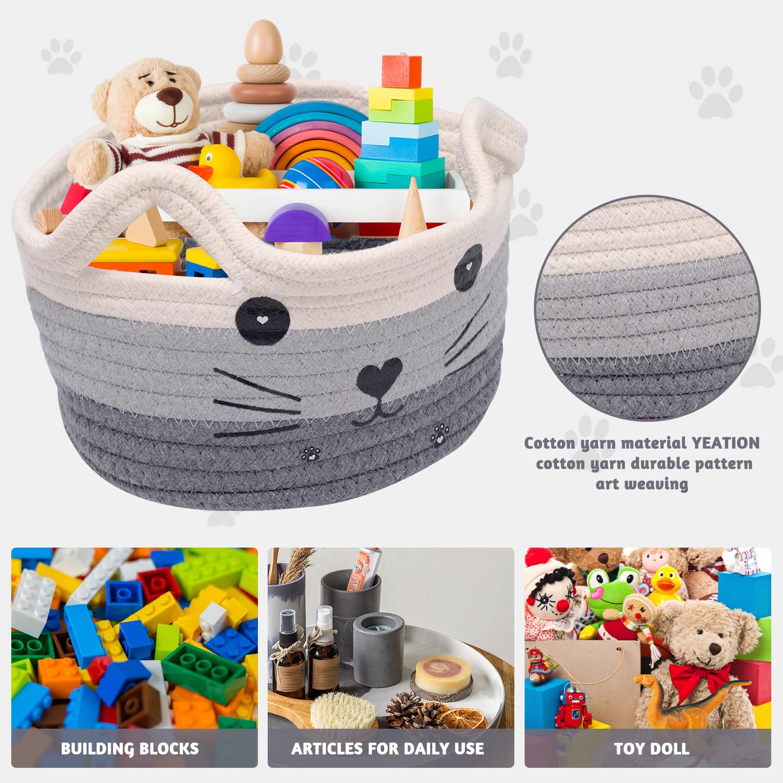inheming Cute Cat Toy Basket, Cotton Rope Basket, Cat Basket Storage ,Woven Basket Organizer - Image 3