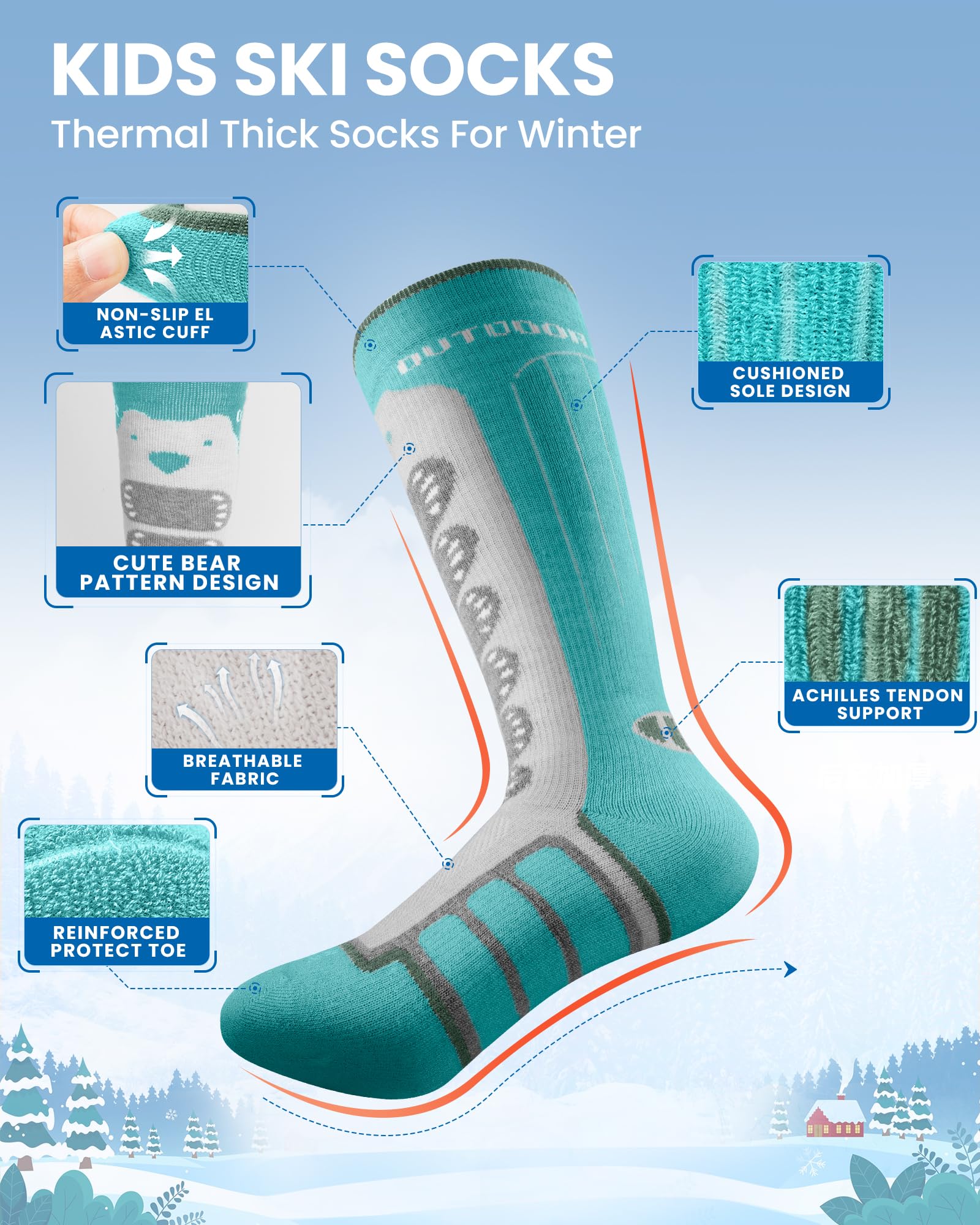 Calzini Termici Sci Bambini OutdoorMaster - 2 Paia Lana Merino, Antiscivolo, Compressione - Per Neve E Sport Invernali - Foto 8