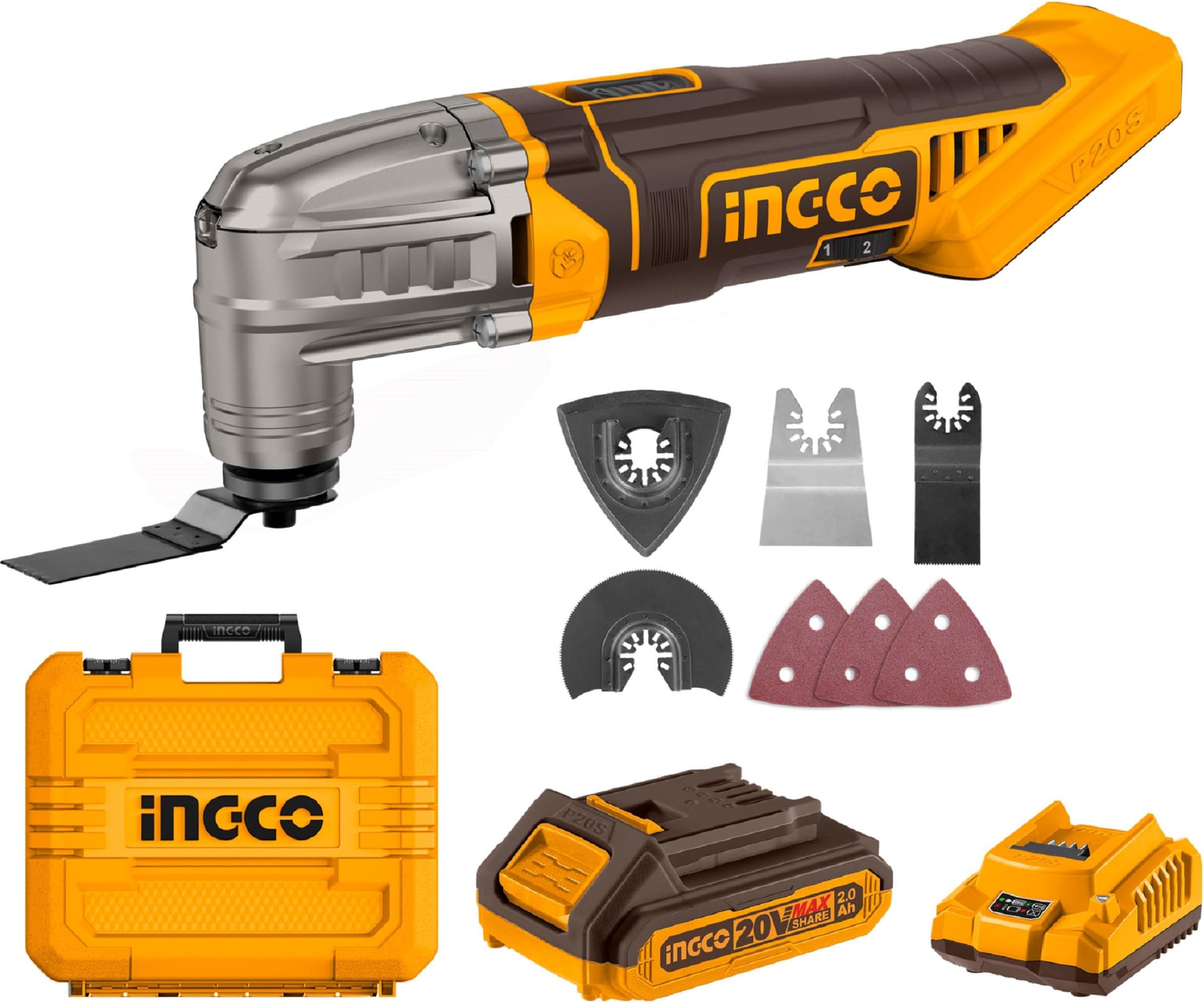 INGCO Cordless Multi Tool with 1pcs 2.0Ah Battery and Charger, 5000-20000 RPM, 6 Variable Speed,3.2° Oscillation Angle, 20V Oscillating Multi-Tool for Sawing, Cutting, Sanding CMLI20228