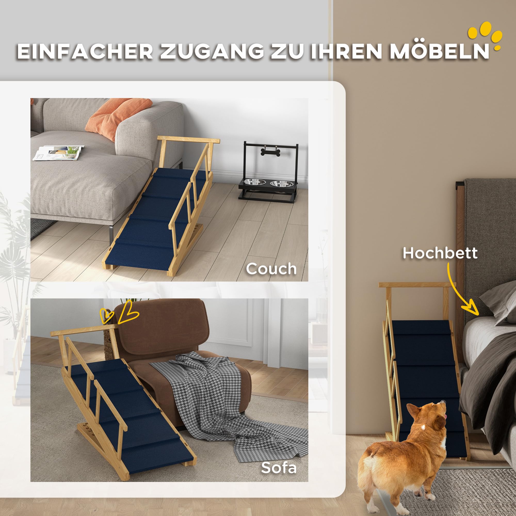 Rampa per cani PawHut Rampa pieghevole per animali domestici con ringhiera rimovibile, ausilio antiscivolo per la pensione dei cani fino a 40 kg, 85 x 40 x 78,5 cm, natura