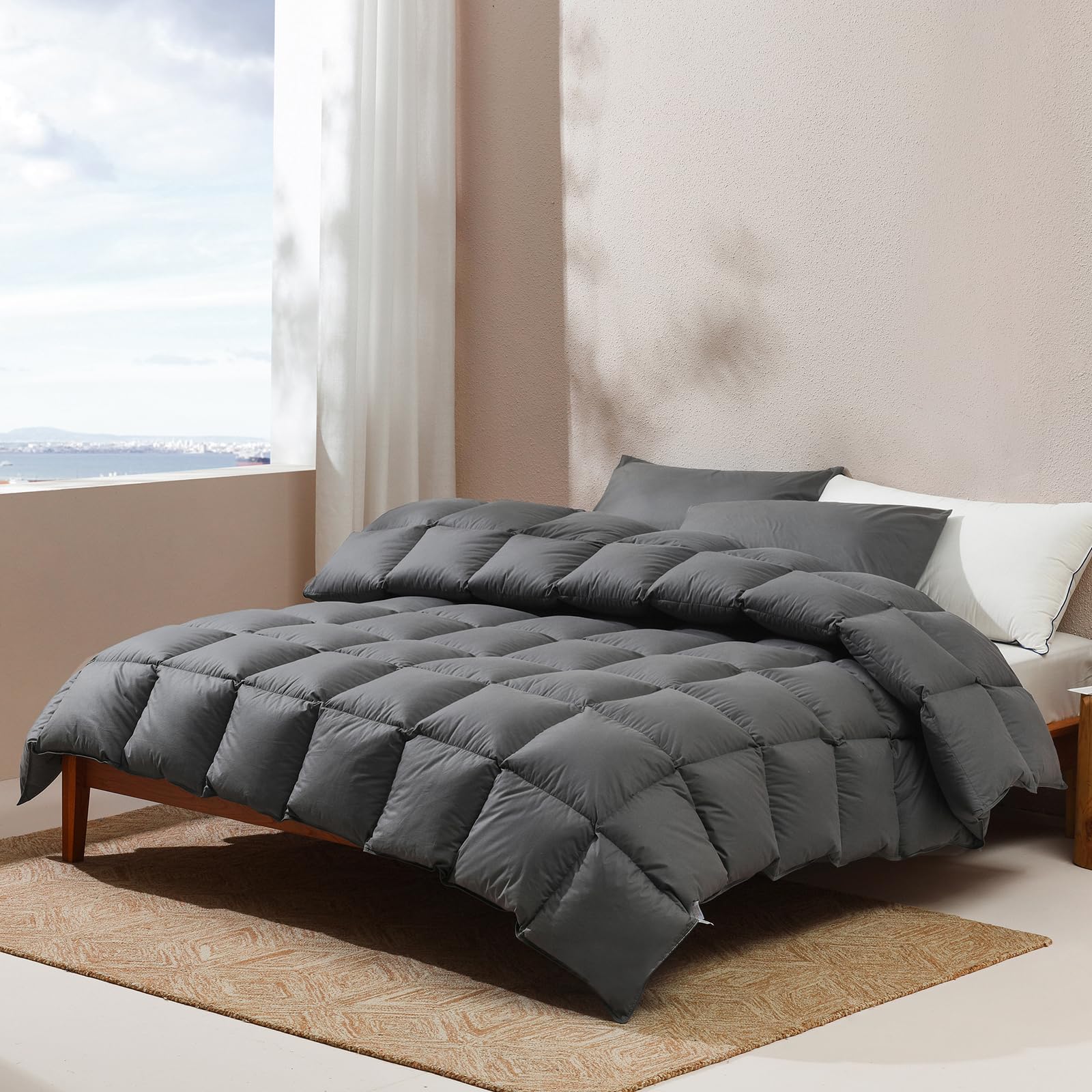 AirluckQueen/Full Feather Down Comforter,Fluffy All Seasons Duvet Insert,White Breathable Medium Warmth Bedding Comforter,Premium Box Design and Soft Down Proof Cover,Ultra Soft-90x90 inches