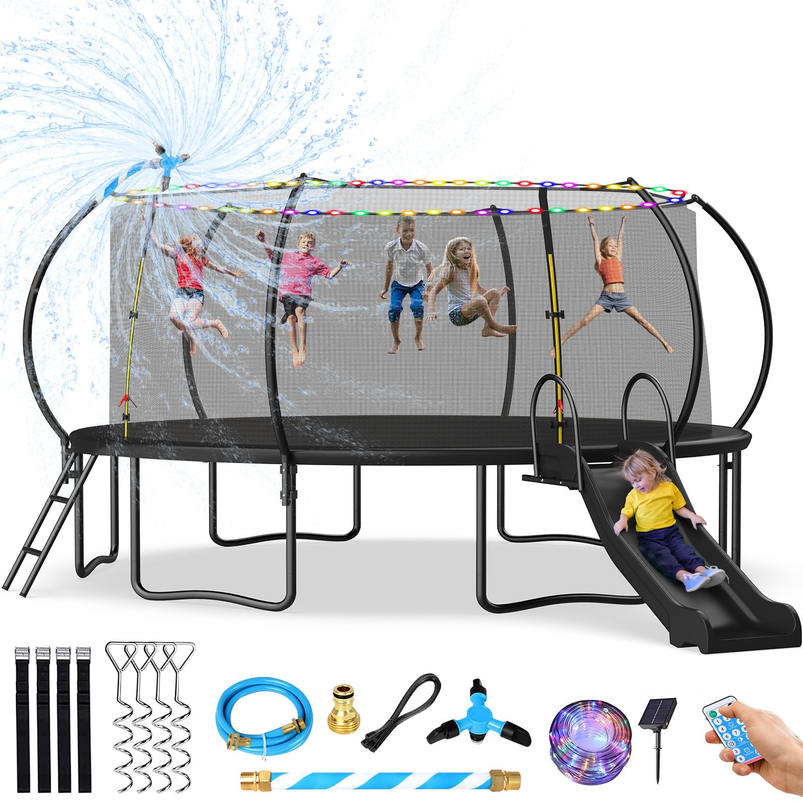 Tatub 14 ft Trampoline with Slide and Soccer Goal, Outdoor Pumpkin Trampoline for Kids and Adults with Enclosure Net and Ladder, Curved Poles Recreational Backyard Trampoline Capacity for 6-8 (box 1 of 3)