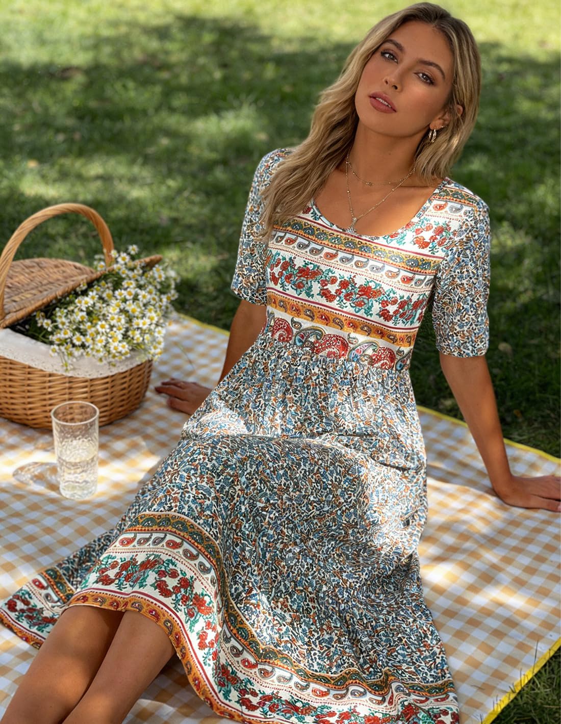 ABINGOO Femmes D'été Manches Courtes Col Rond Robes Bohème Chic Fleurie Imprimé Tunique de Plage Décontractée Midi Robe