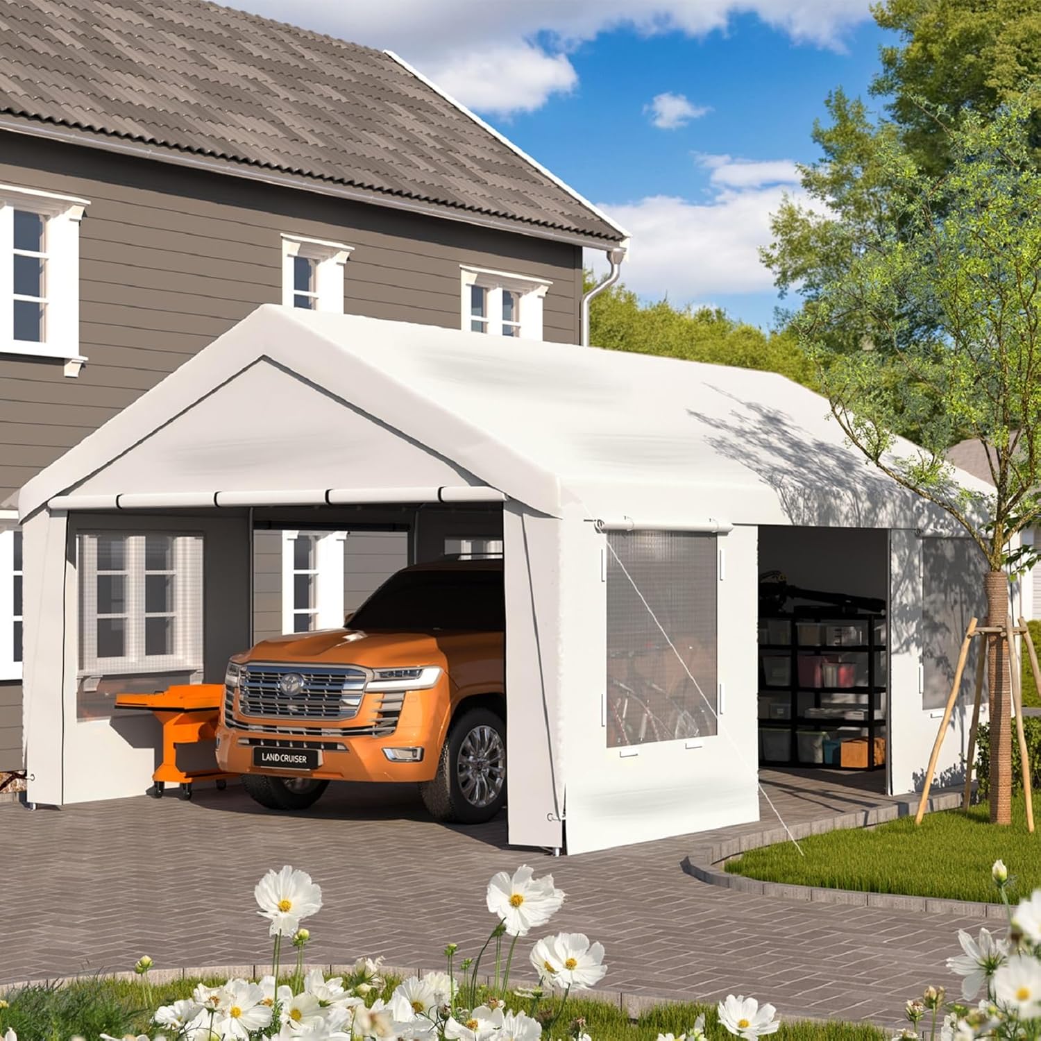 Diagram showing the carport frame accommodating various vehicles like cars, SUVs, trucks, and yachts, illustrating its extended and elevated design for versatile use.