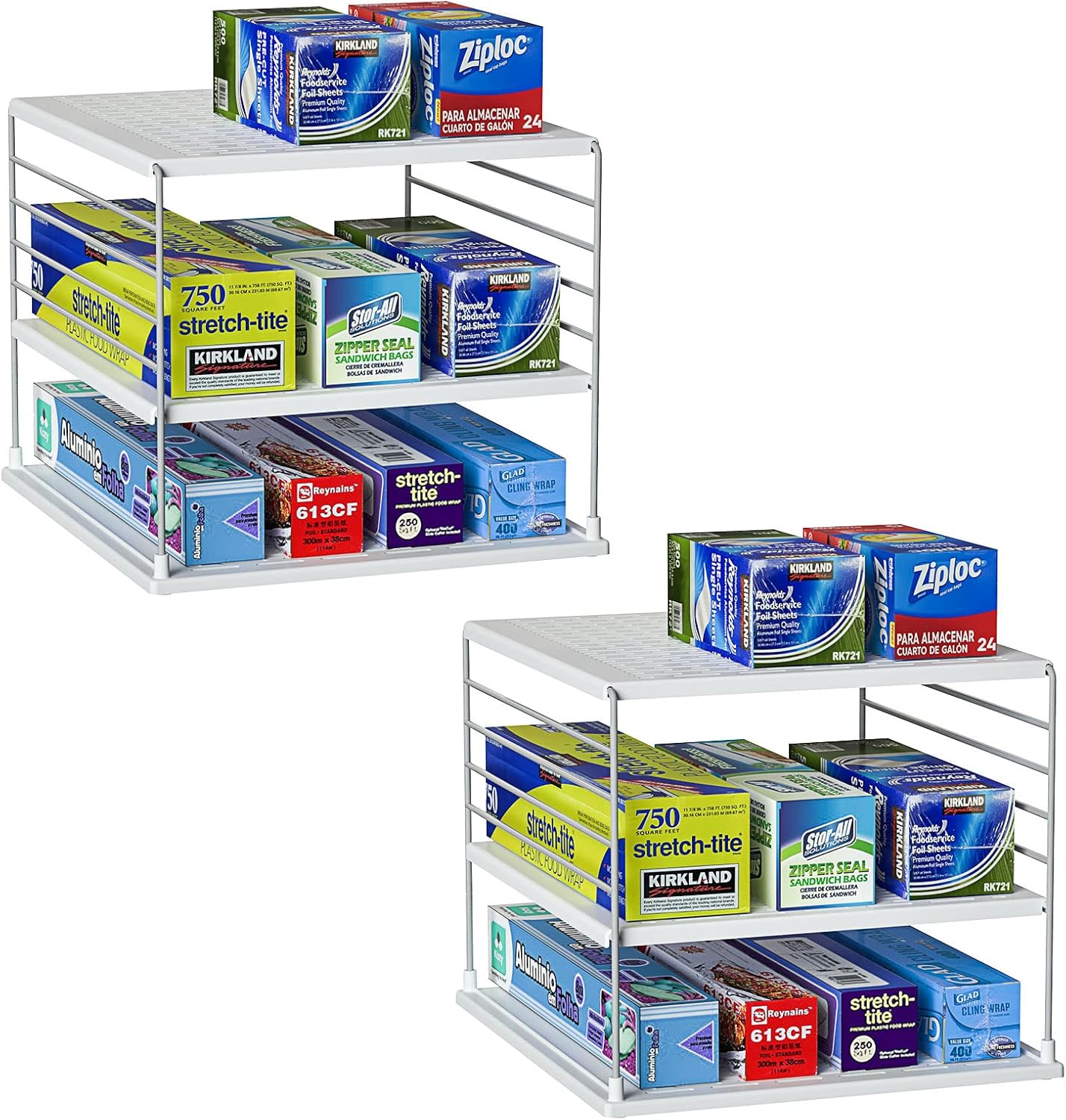 2 PACK Cabinet Organizer for Foil and Plastic Wrap- Divided Compartment Holder for Kitchen Bag- Upgraded Kitchen&Counter &Pantry Organizers and Storage(White&Gray)
