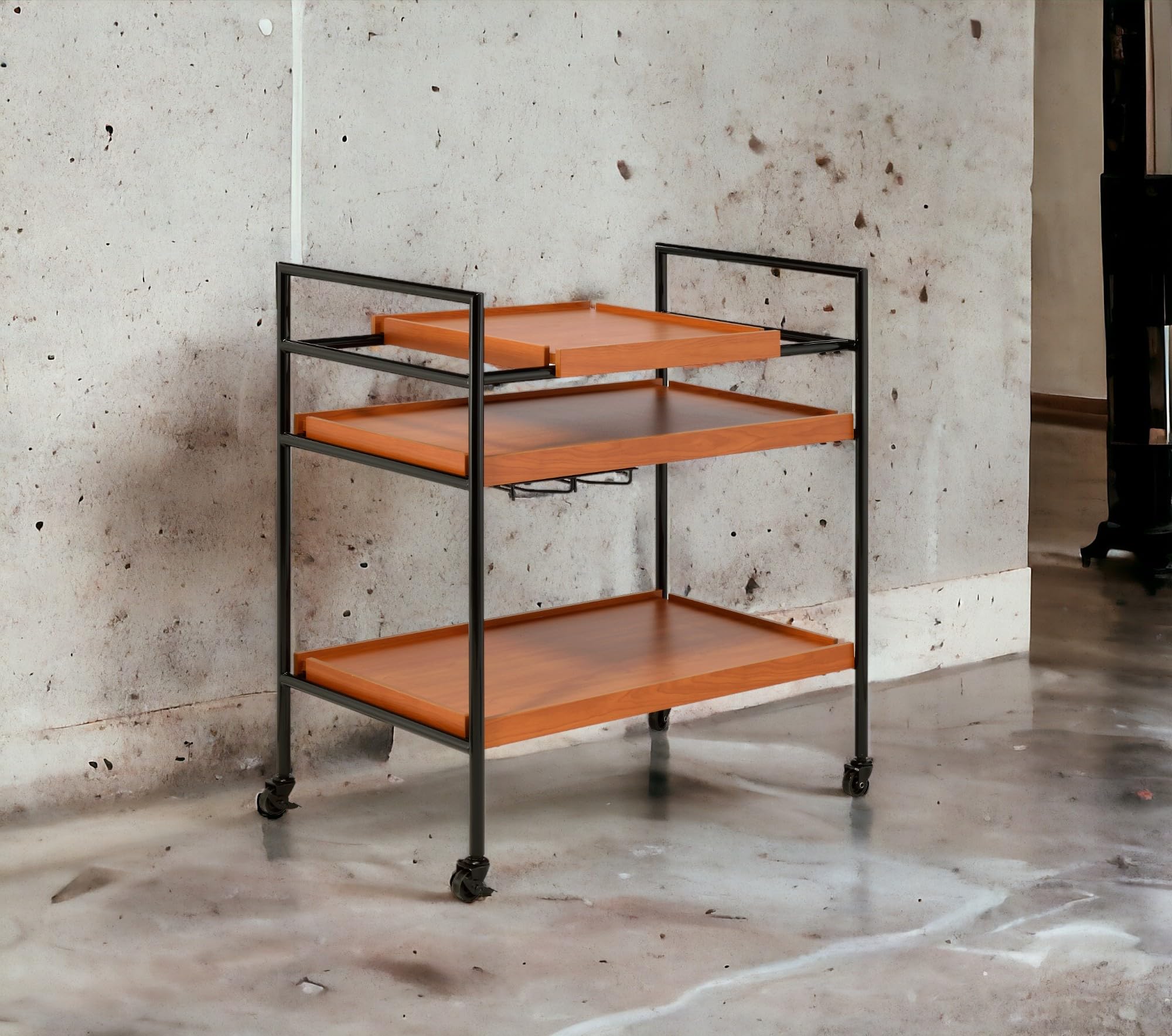 HiHomely Honey Oak & Black Finish Serving-Elegant Rolling Bar with 2 Shelves, Wheels for Easy Mobility, Office, Party Use