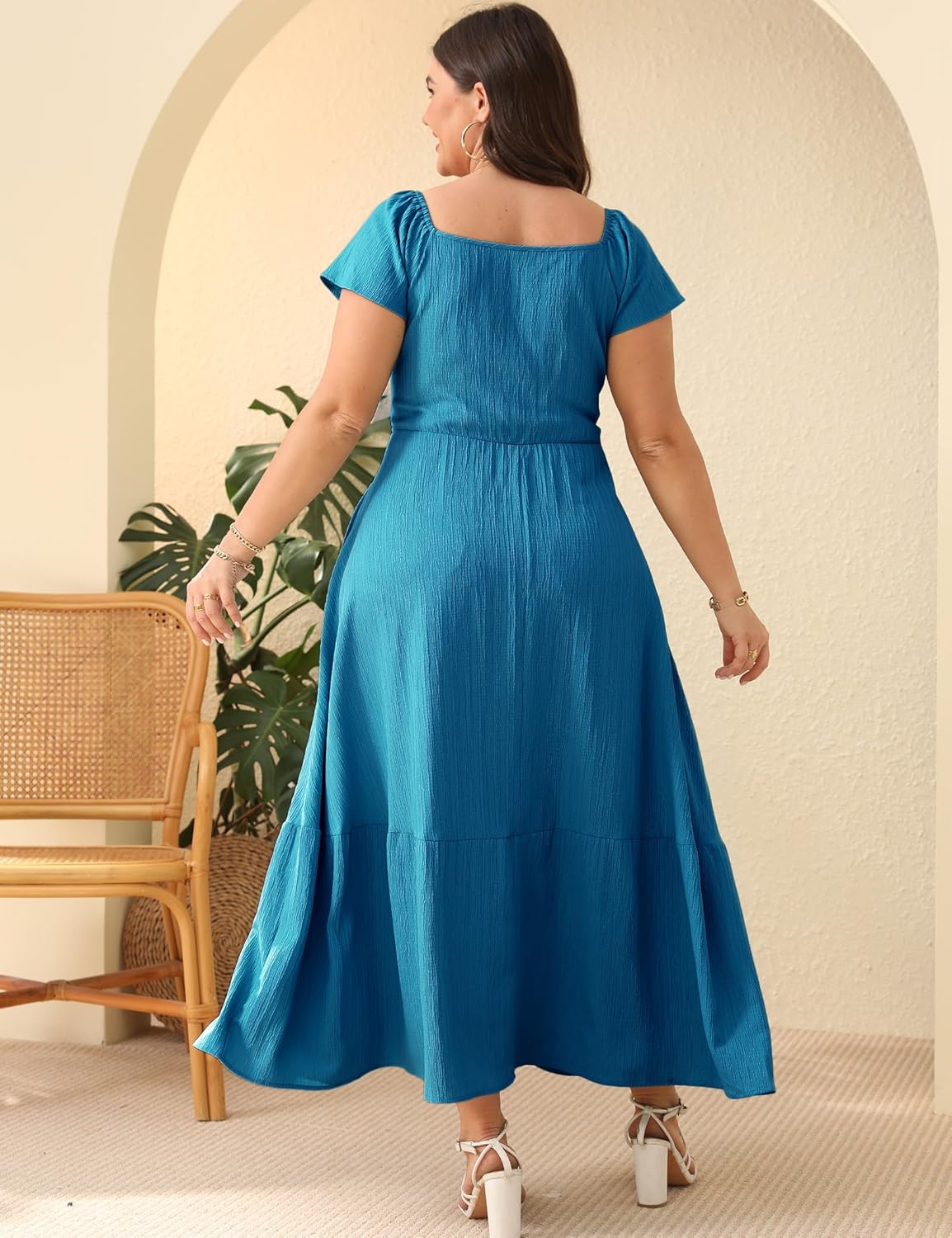 ShopWonder Women Plus Size Boho Maxi Dress Short Sleeves High Waist Ruffle Casual Summer Dress with Pockets - Image 6