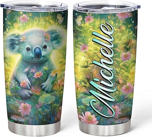 Hyturtle Regalos personalizados para amantes de los koalas, vaso de acero inoxidable con nombre personalizado de 20 onzas con tapa, ideal para
