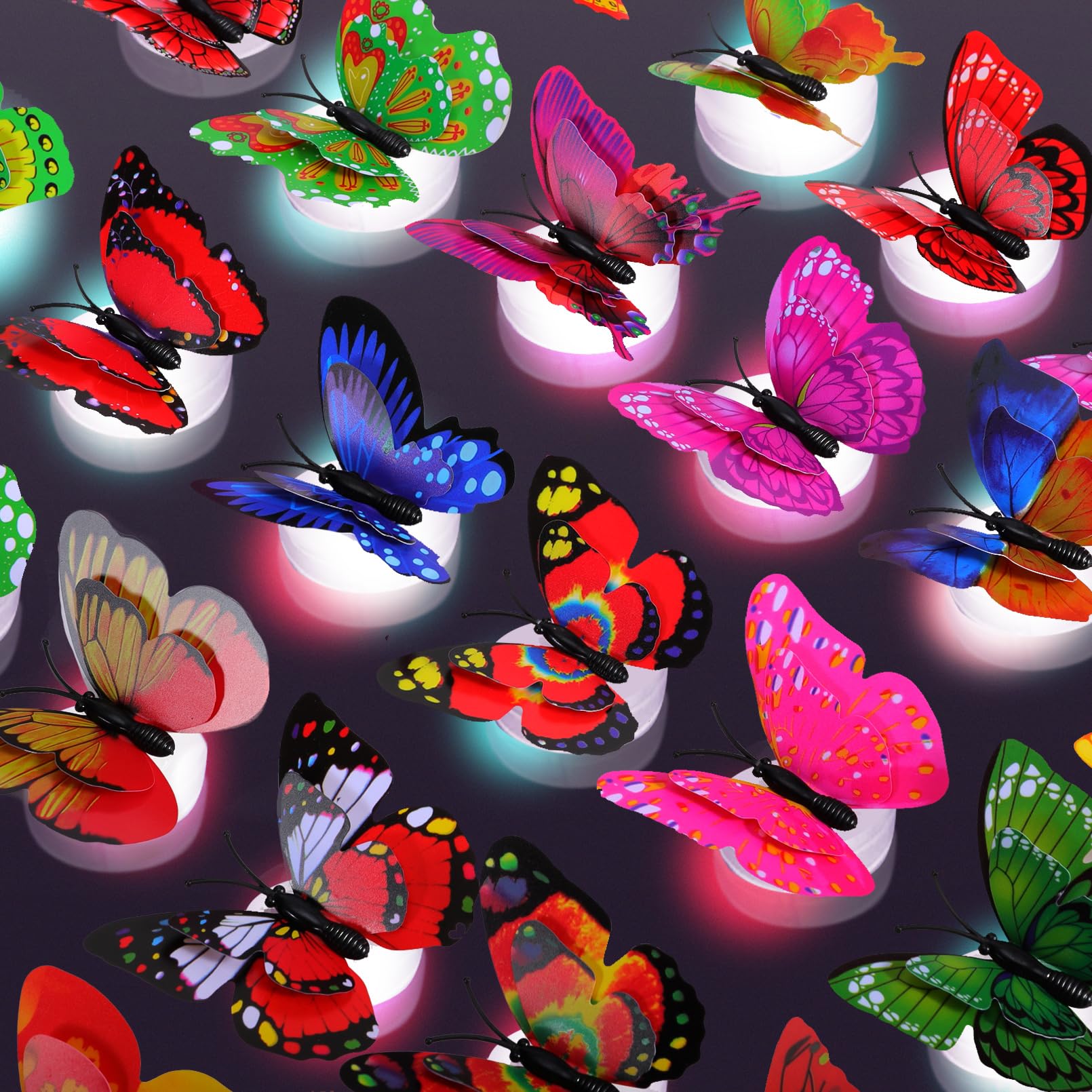 Blcculi 48 Pcs 3D LED Butterfly Decoration - Night Light Sticker Butterflies, Wall Light for Bedroom, Garden, Backyard, Lawn, Party