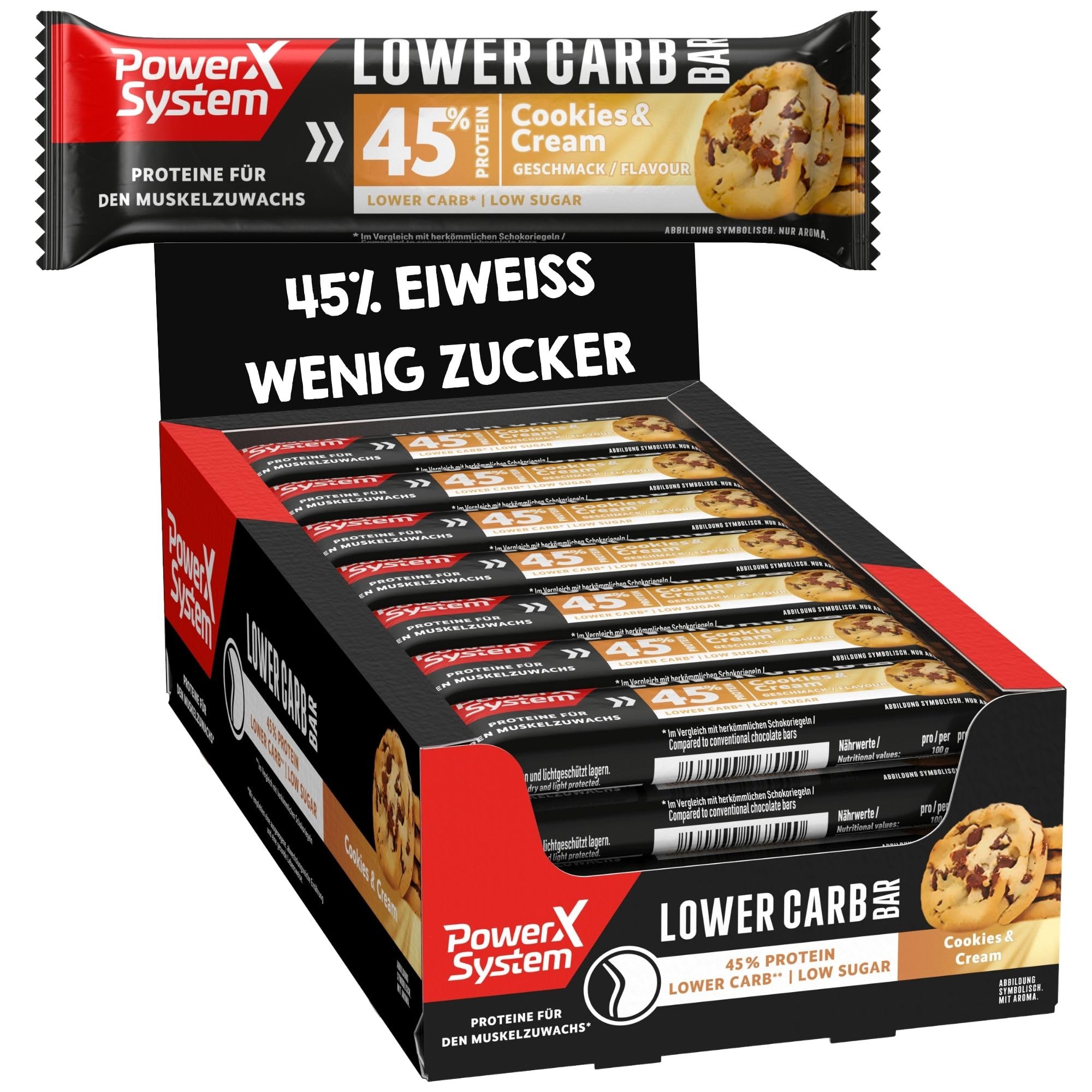 Power System Lower Carb Bar Cookies & Cream 45% Eiweiß Protein-Riegel Low Sugar, Low Carb, 28x40g