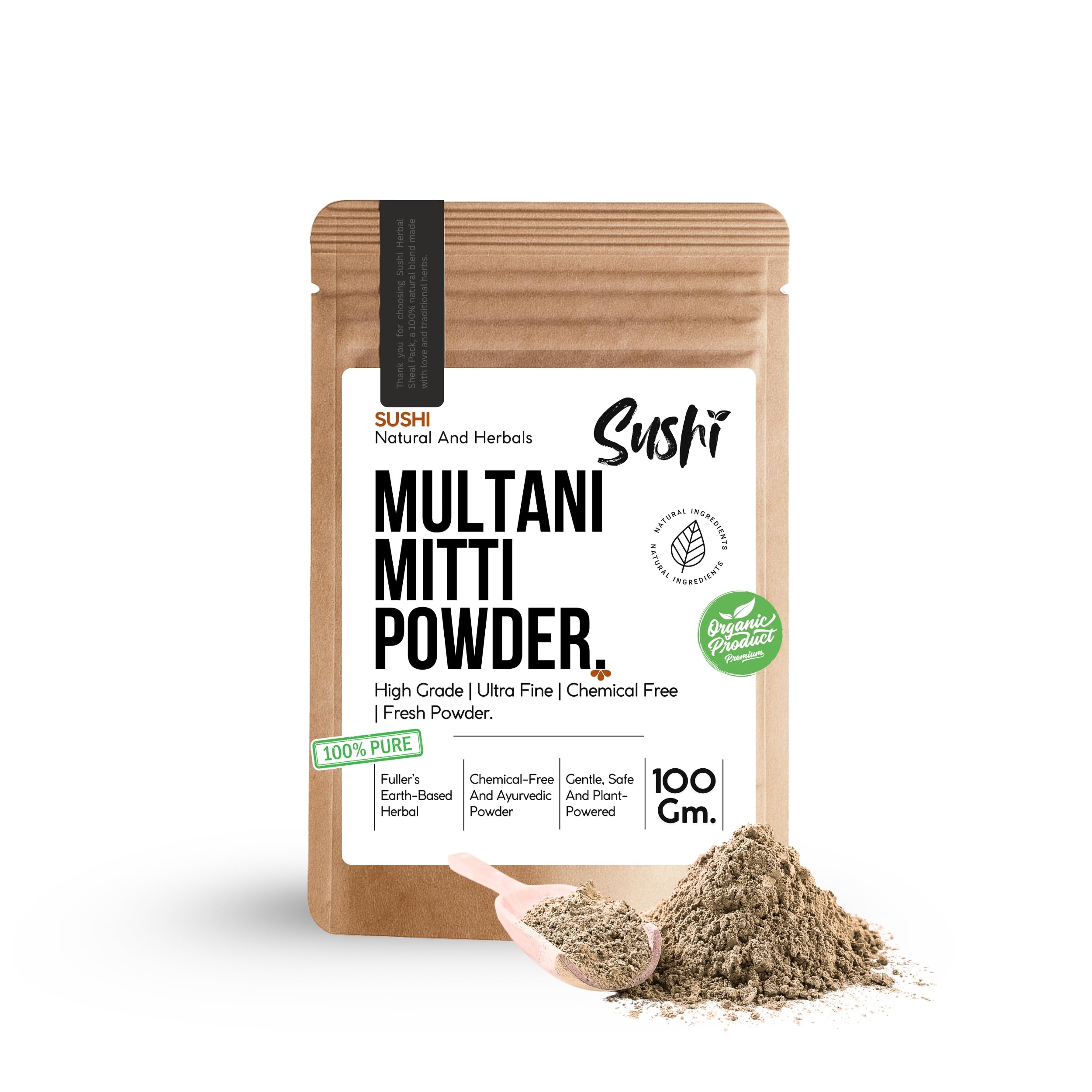 Sushi Multani Mitti Powder | 100% Pure & Organic | Natural Face Pack & Skin Detox | Absorbs Oil & Improves Complexion (Pack of 1 | 100gm)