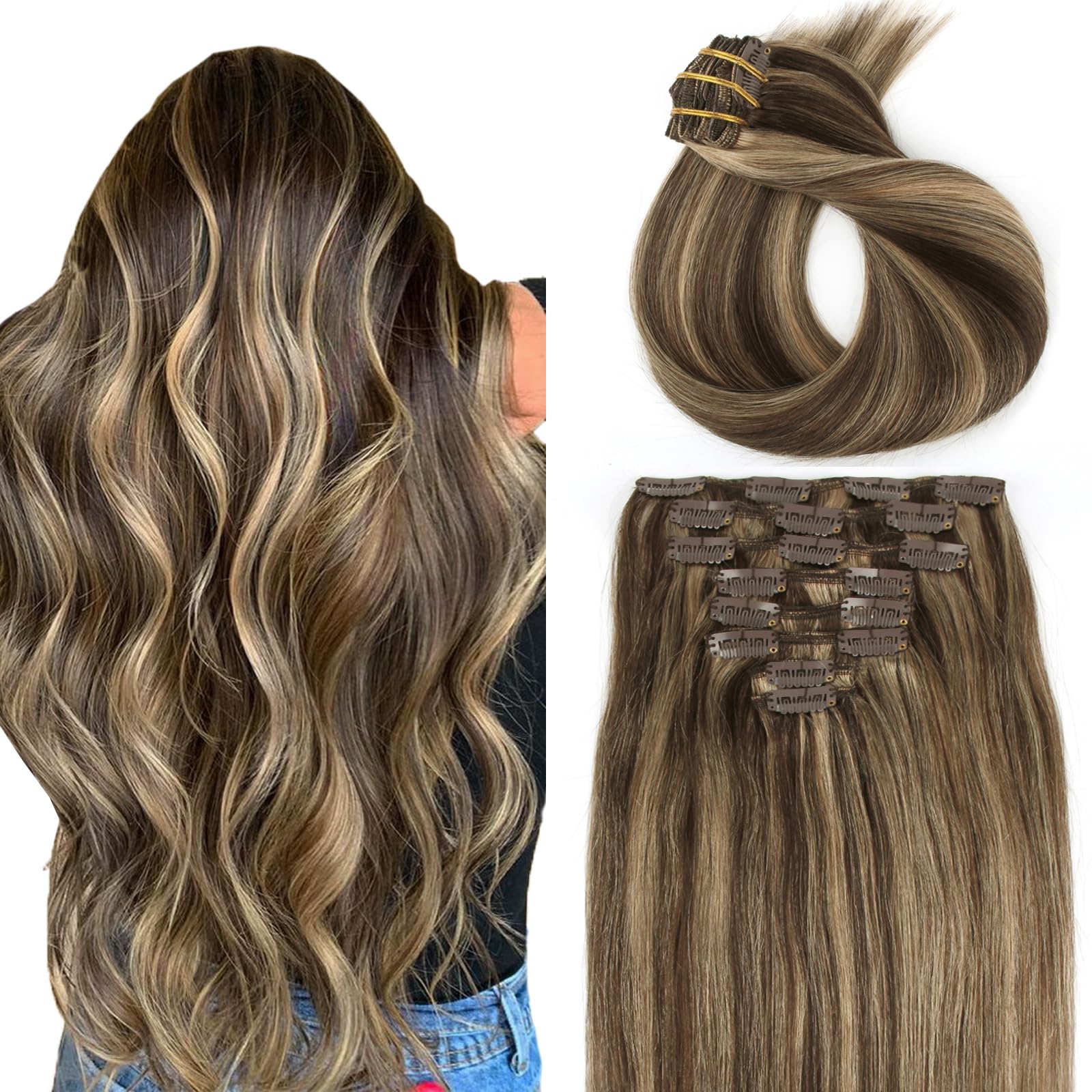ABH AMAZINGBEAUTY HAIR Clip in Hair Extensions Real Human Hair 18 Inch 8pcs/120g Hair Extension Clips Double Weft Highlights Chocolate Brown with