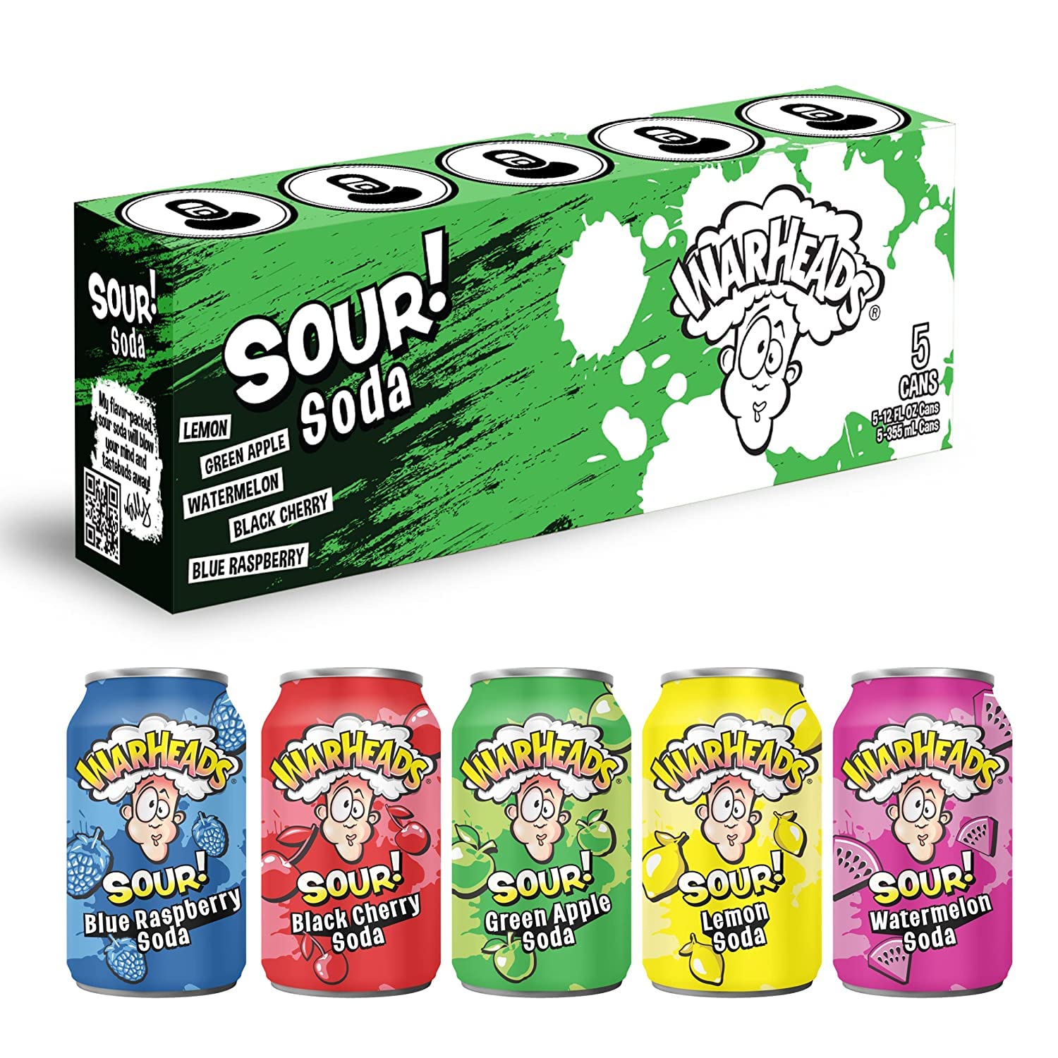 Warheads Soda - Sour Fruity Soda with Classic Warheads Flavors – Perfectly Balanced Sweet and Sour Soda Pack of 5, 12oz Cans (Sampler Pack)