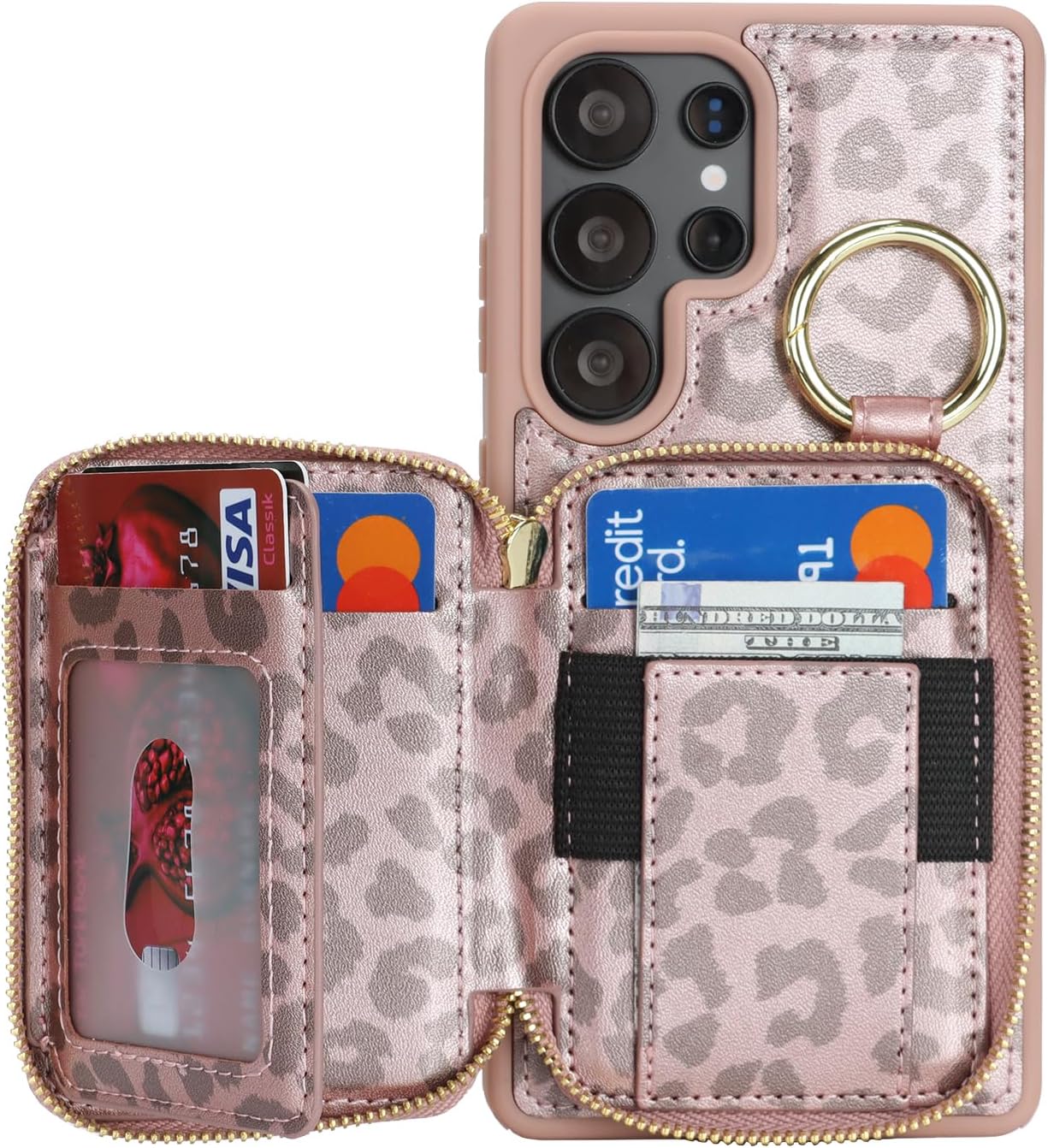 for Galaxy S25 Ultra Case Wallet with Card Holder,for Galaxy S25 Ultra Phone case Wallet with Zipper with Slot Kickstand Stand Case for Women and Man 6.9 inch-Rose Gold Leopard